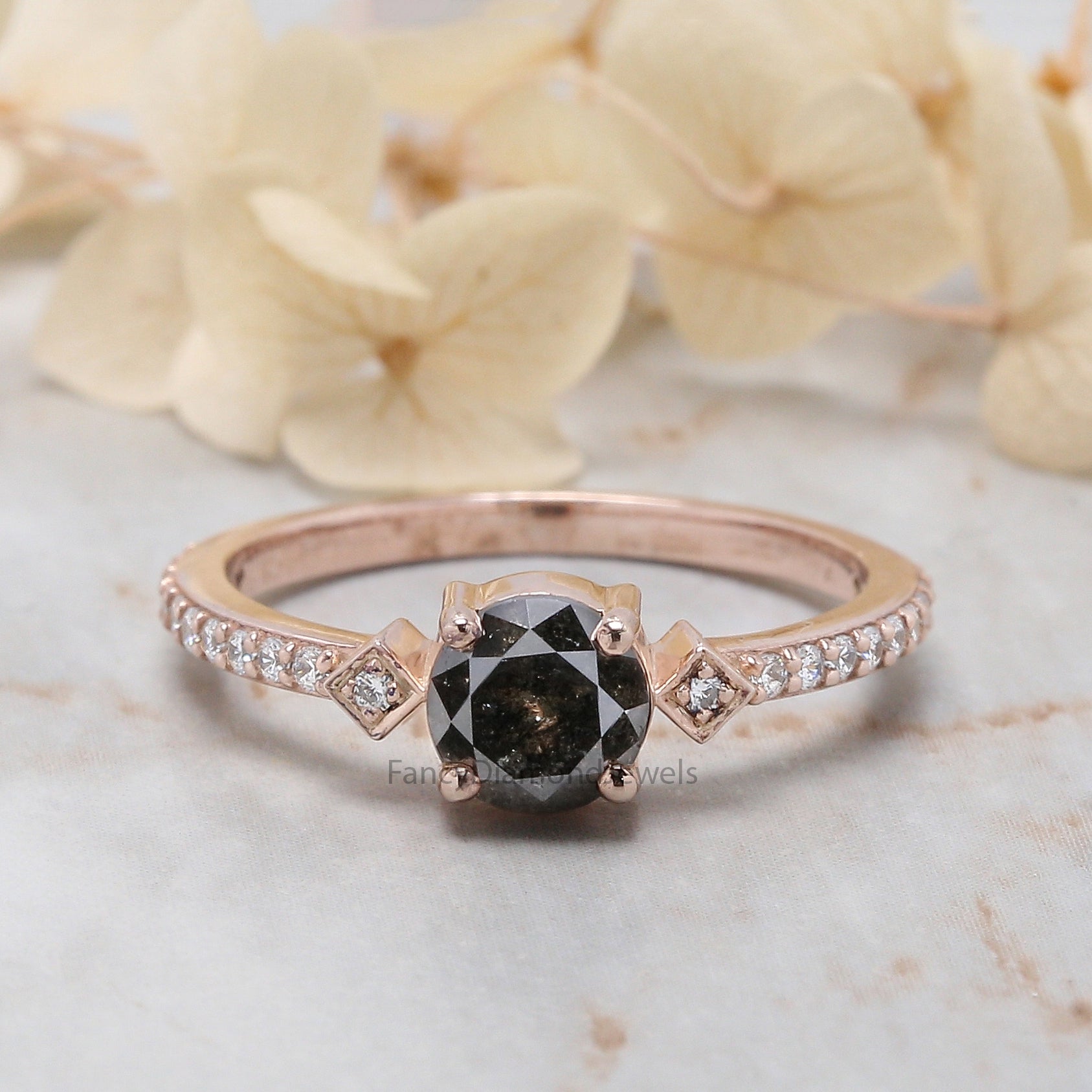 Round Salt And Pepper Diamond Ring 1.01 Ct 5.95 MM Round Cut Diamond Ring 14K Solid Rose Gold Silver Engagement Ring Gift For Her QL3094