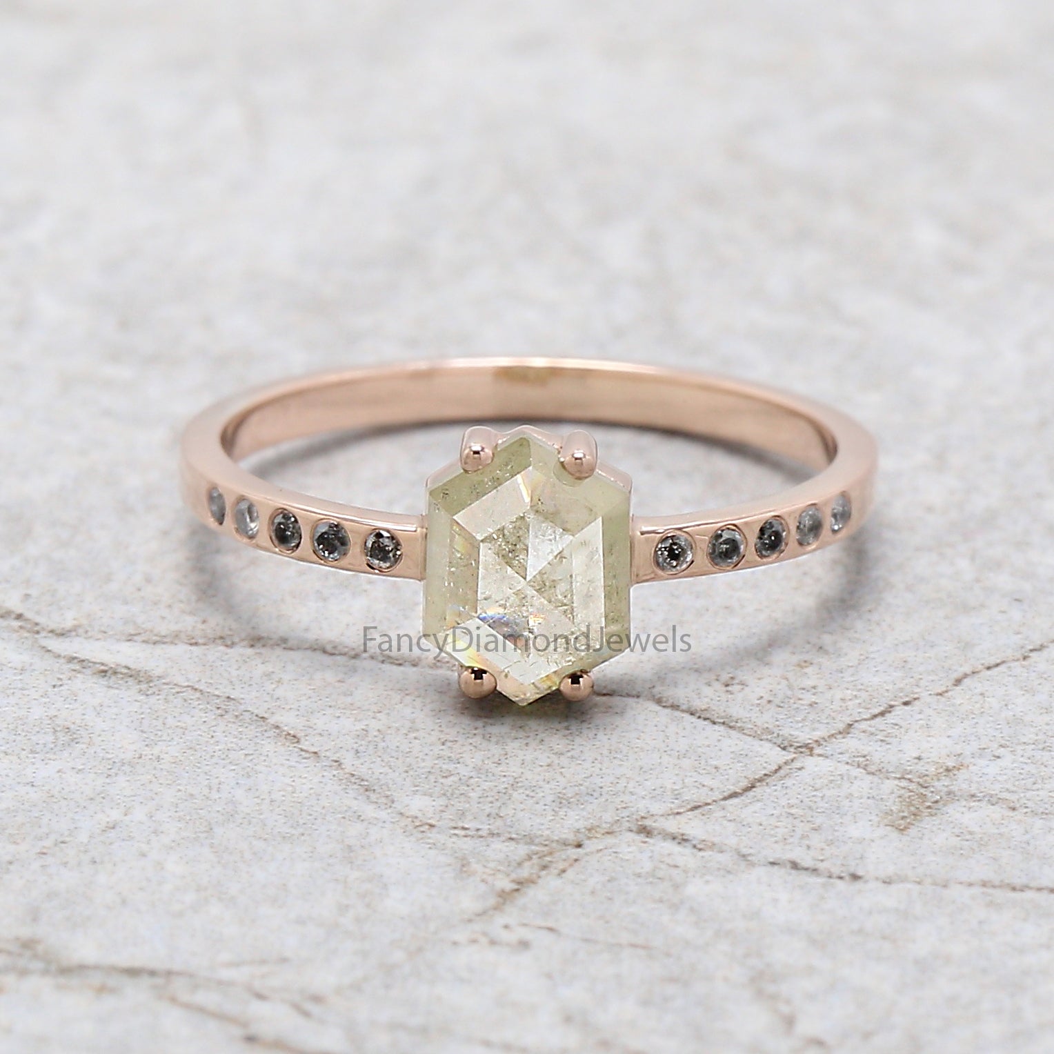 Hexagon Grey Color Diamond Ring 0.75 Ct 7.45 MM Hexagon Shape Diamond Ring 14K Solid Rose Gold Silver Engagement Ring Gift For Her QK2097