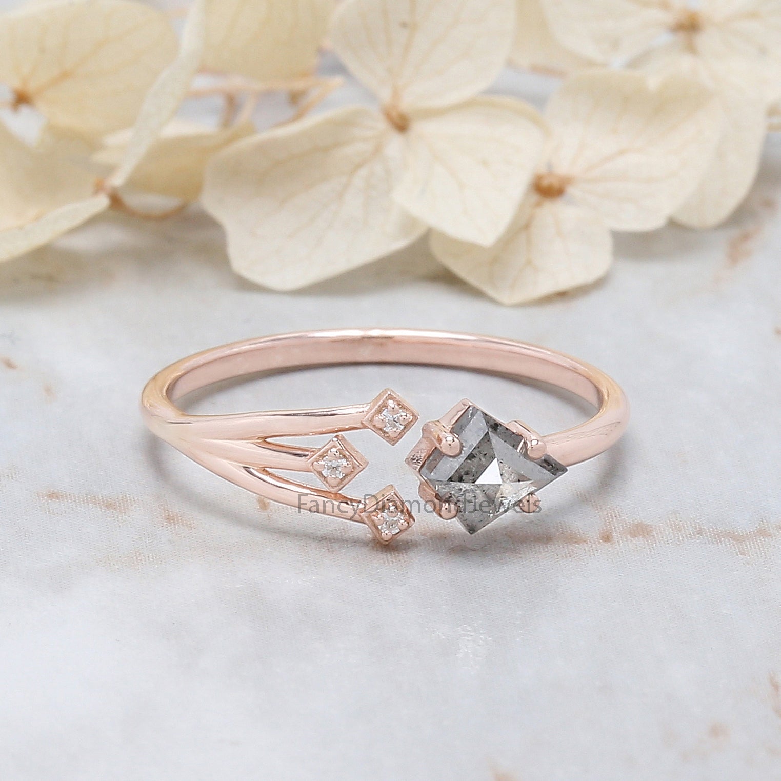 Kite Cut Salt And Pepper Diamond Ring 0.42 Ct 5.85 MM Kite Diamond Ring 14K Solid Rose Gold Silver Kite Engagement Ring Gift For Her QL3122