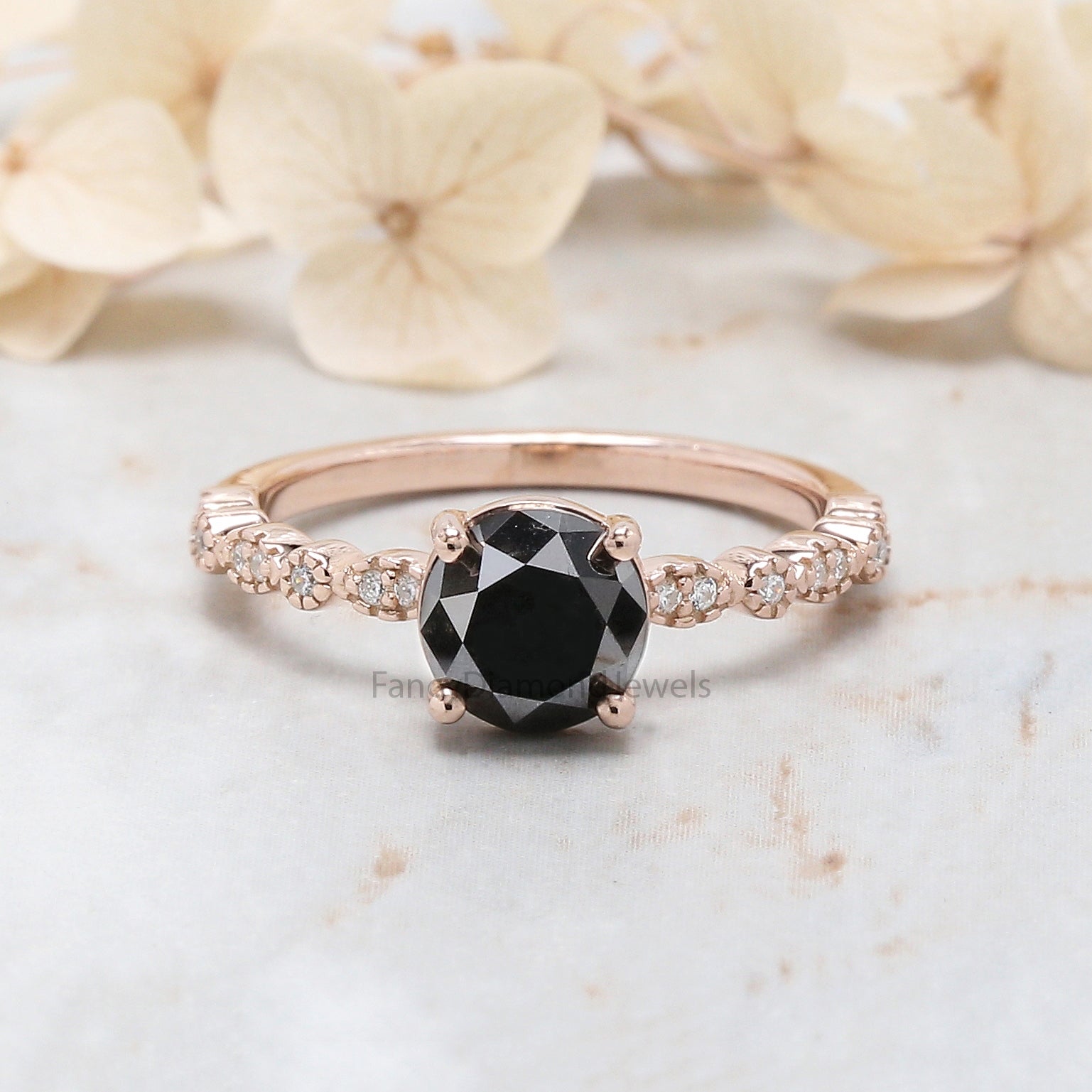 Round Cut Black Color Diamond Ring 1.50 Ct 6.60 MM Round Shape Diamond Ring 14K Solid Rose Gold Silver Engagement Ring Gift For Her QL3070
