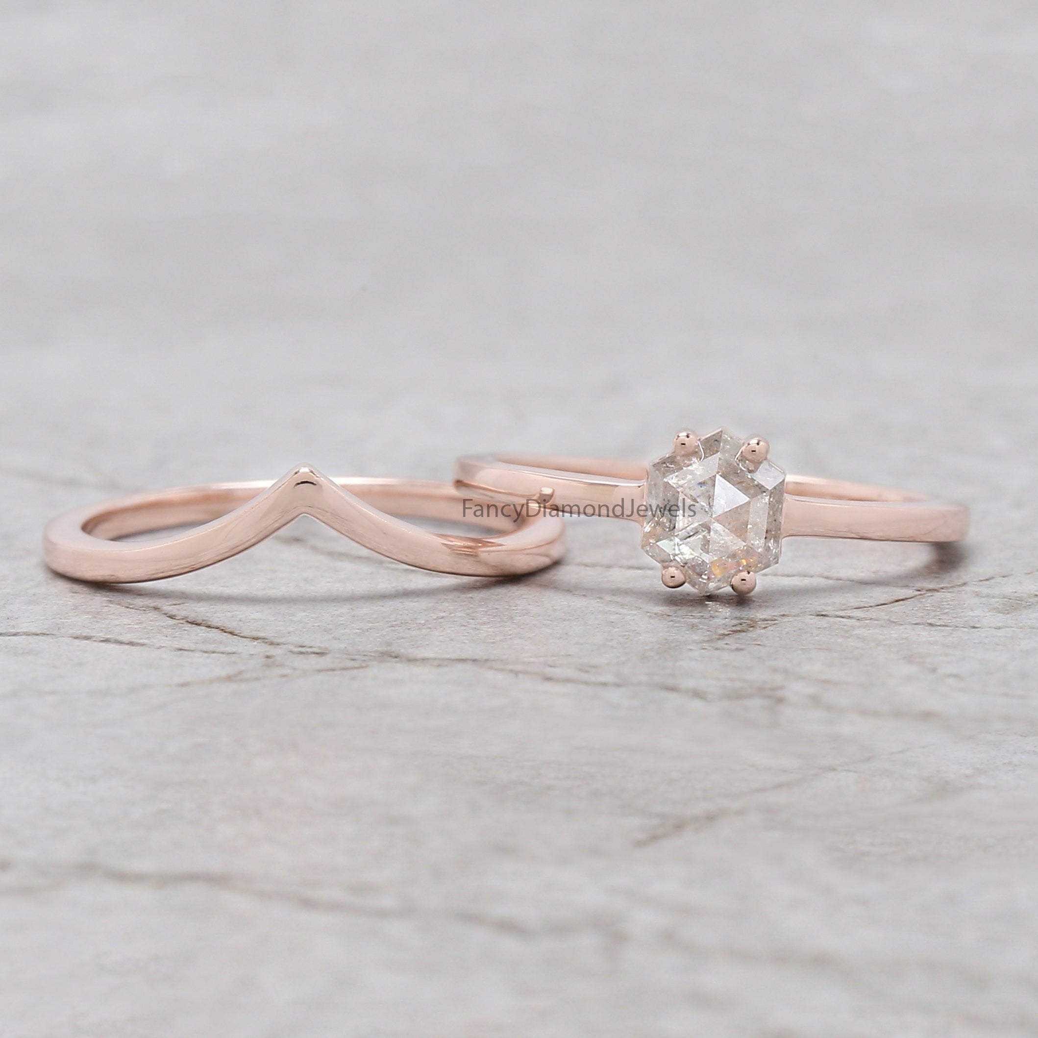 Hexagon Cut Salt And Pepper Diamond Ring 0.78 Ct 6.15 MM Hexagon Diamond Ring 14K Solid Rose Gold Silver Engagement Ring Gift For Her QN2183