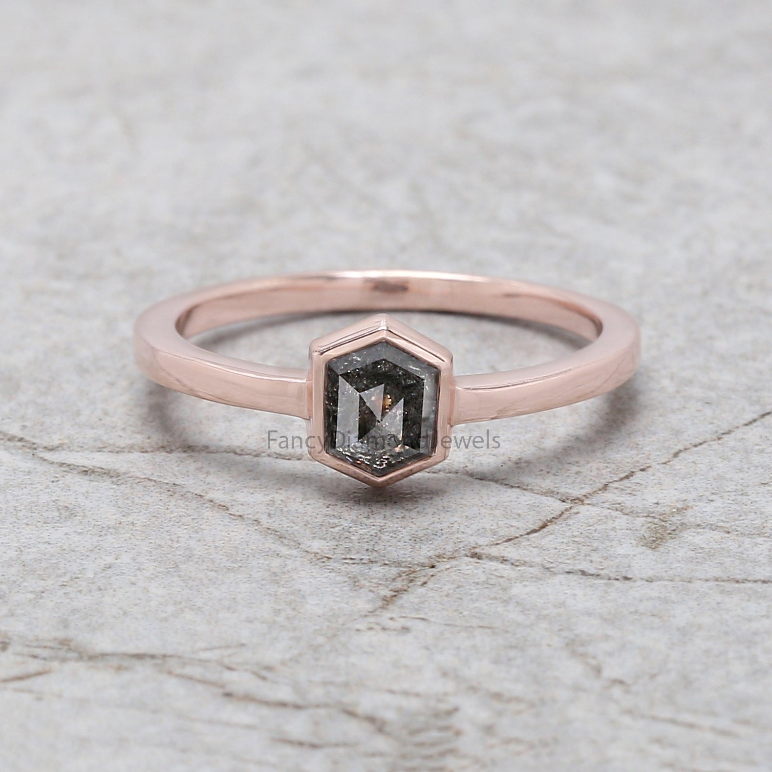 Hexagon Cut Salt And Pepper Diamond Ring 0.76 Ct 5.96 MM Hexagon Diamond Ring 14K Solid Rose Gold Silver Engagement Ring Gift For Her QN2187