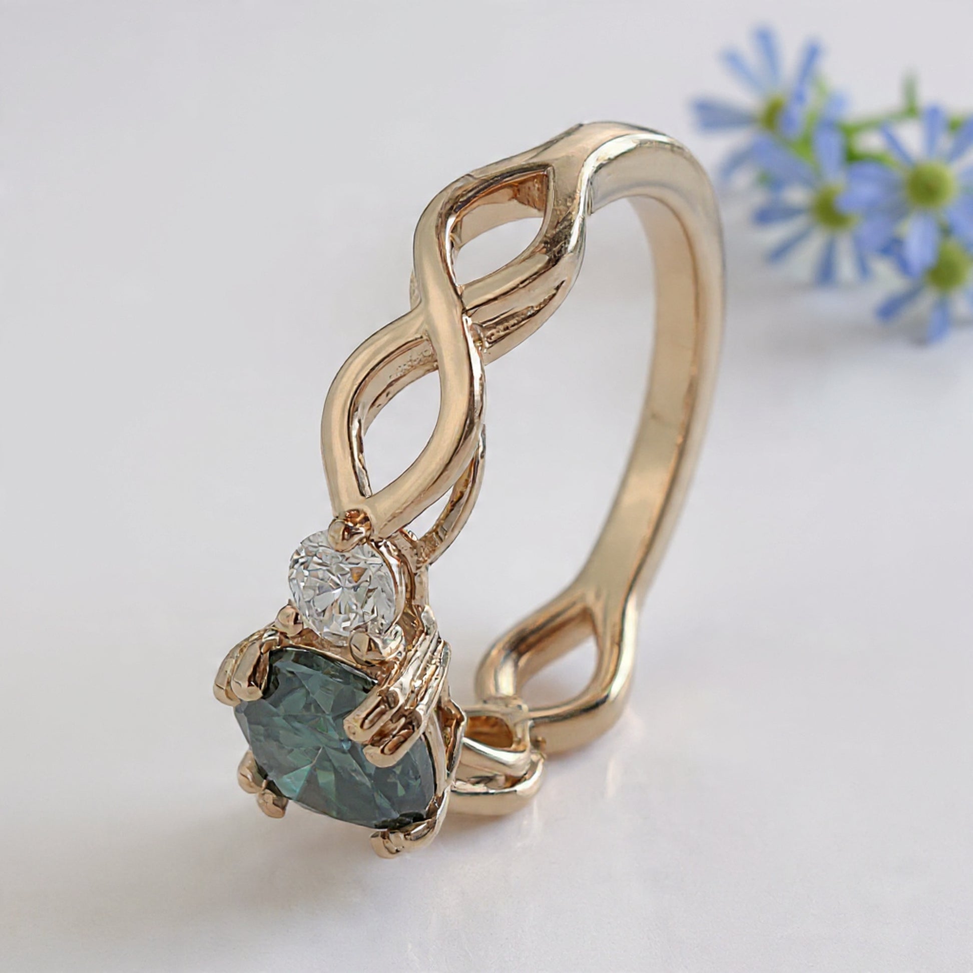 Cushion Cut Green Moissanite Engagement Ring 14K Solid Gold Ring Double Prong Set Ring Cushion Moissanite Wedding Ring Gift For Her FD467