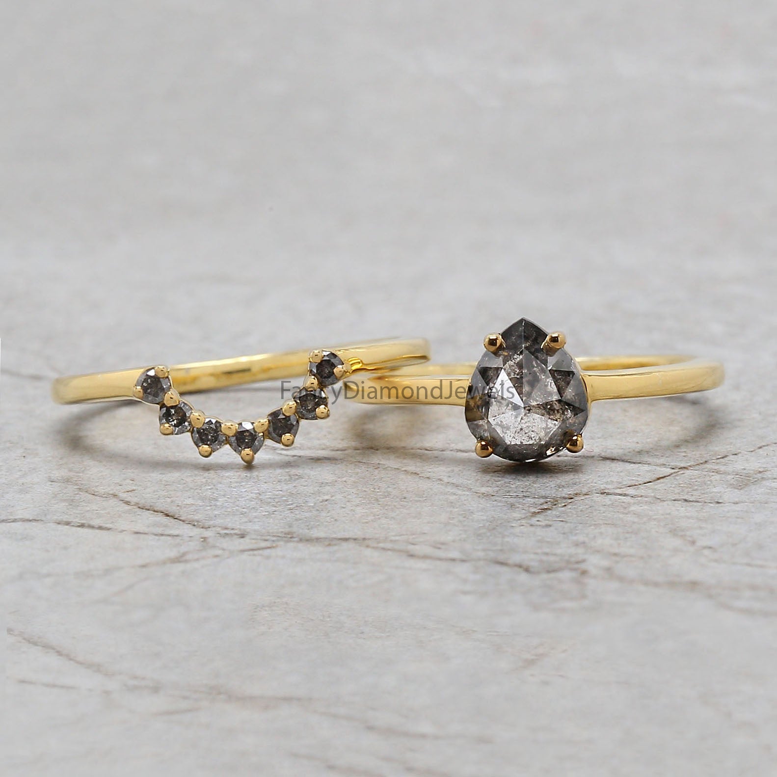 Pear Salt And Pepper Diamond Ring 1.10 Ct 7.30 MM Pear Diamond Ring 14K Solid Yellow Gold Silver Engagement Pear Ring Gift For Her QN1877