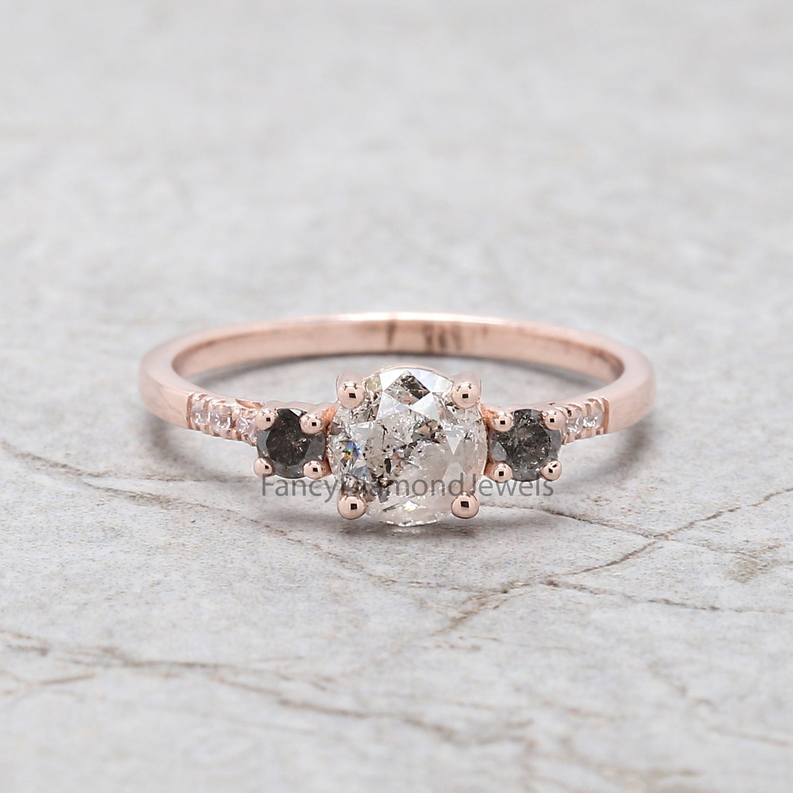 Round Cut Salt And Pepper Diamond Ring 0.83 Ct 5.64 MM Round Diamond Ring 14K Solid Rose Gold Silver Engagement Ring Gift For Her QN2184