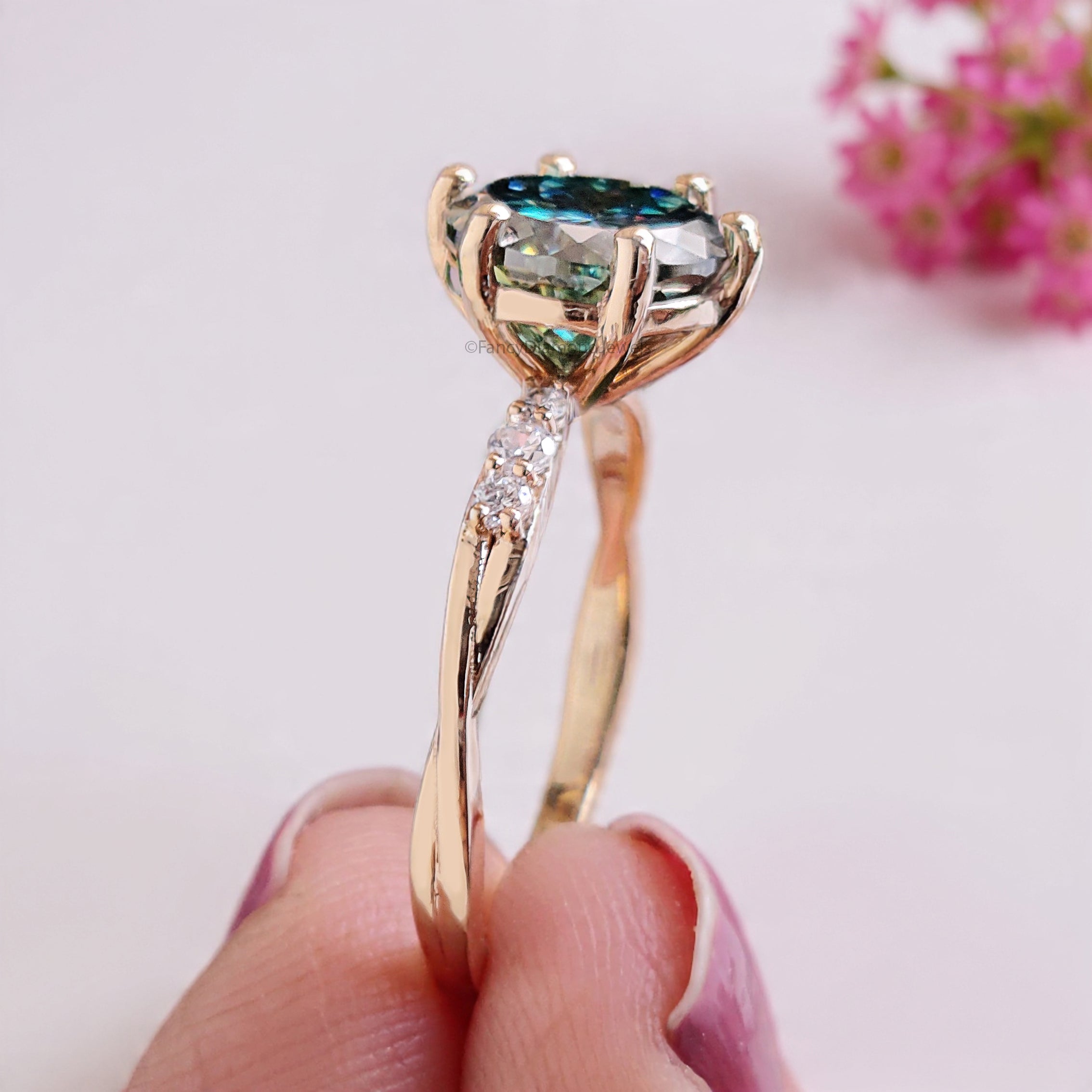 Round Portuguese Cut Blue Green Moissanite Engagement Ring Yellow Gold Ring Vintage Ring Crossover Band Wedding Ring Gift For Her FD475