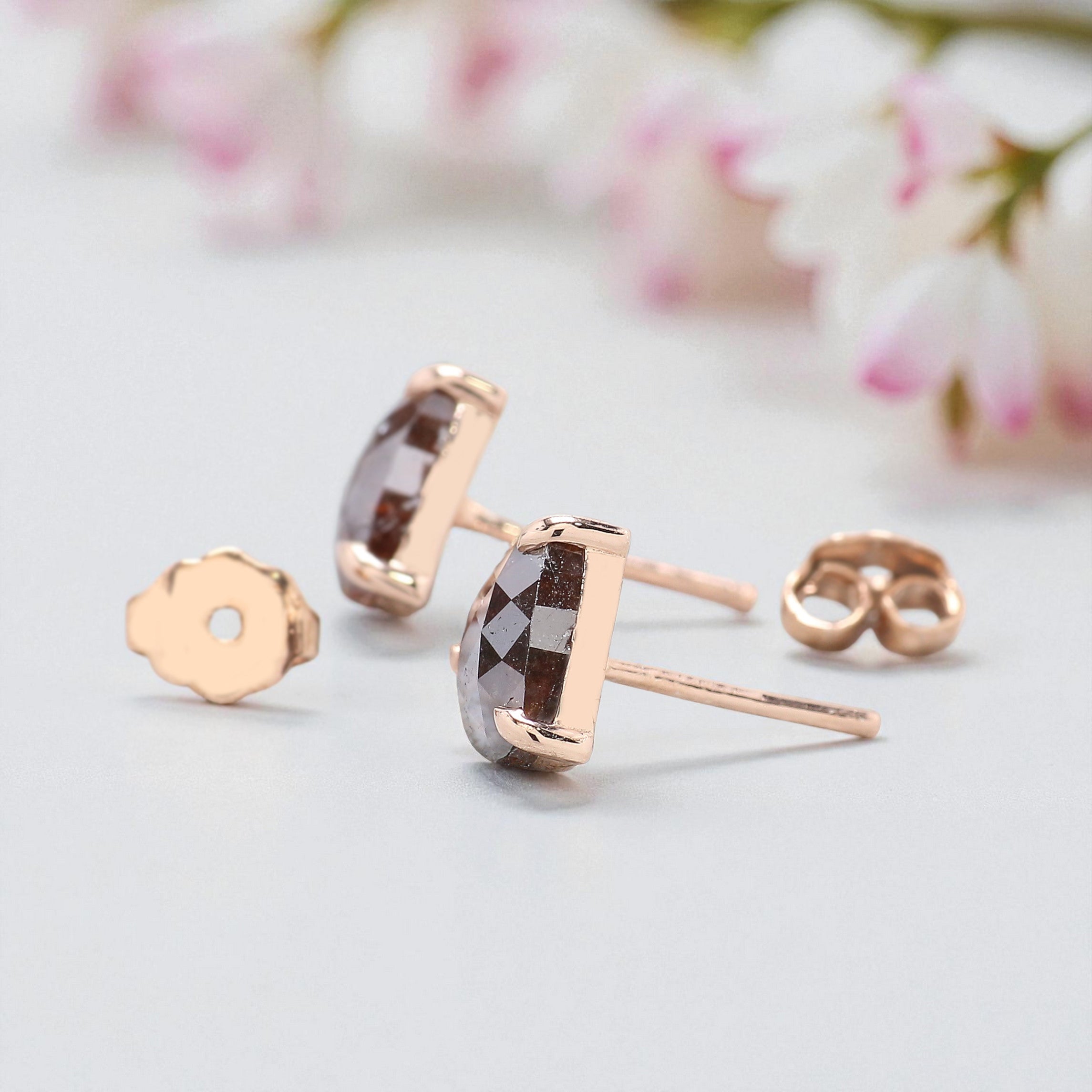 Heart Brown Color Diamond Earring 2.58 Ct 7.80 MM Heart Diamond Earring 14K Solid Rose Gold Silver Rose Cut Earring Gift For Her KDL6880