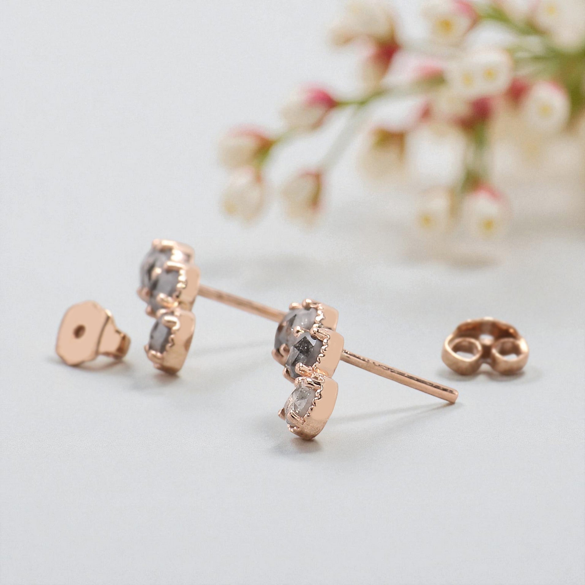 Round Rose Cut Salt And Pepper Diamond Earring 1.40 Ct 3.70 MM Round Diamond Earring 14K Solid Rose Gold Silver Earring Gift For Her KDL2391