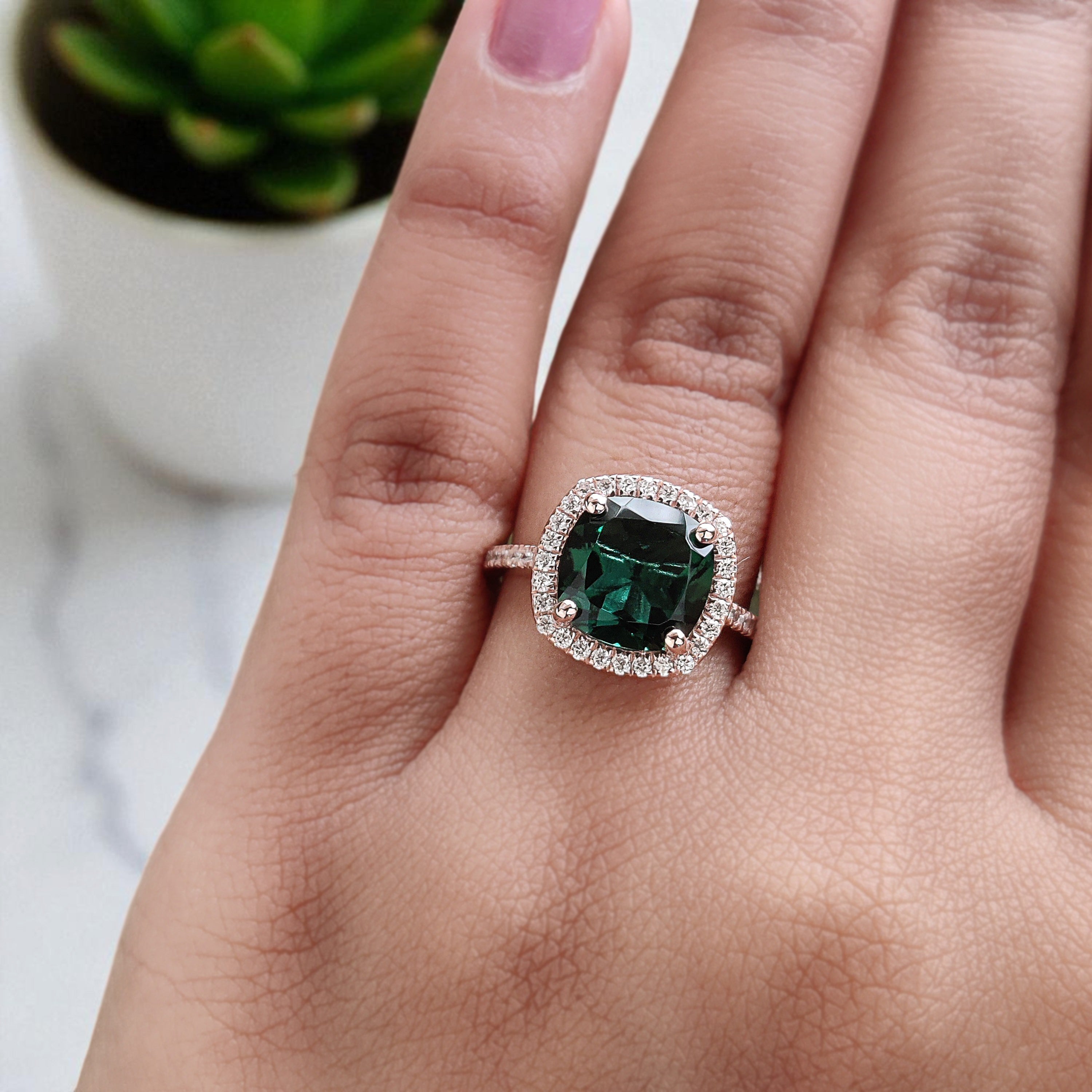 2.60 CT Cushion Cut Green Emerald Engagement Ring Rose Gold Ring Cushion Wedding Ring Unique Art Deco Vintage Halo Ring Gift For Her FD422