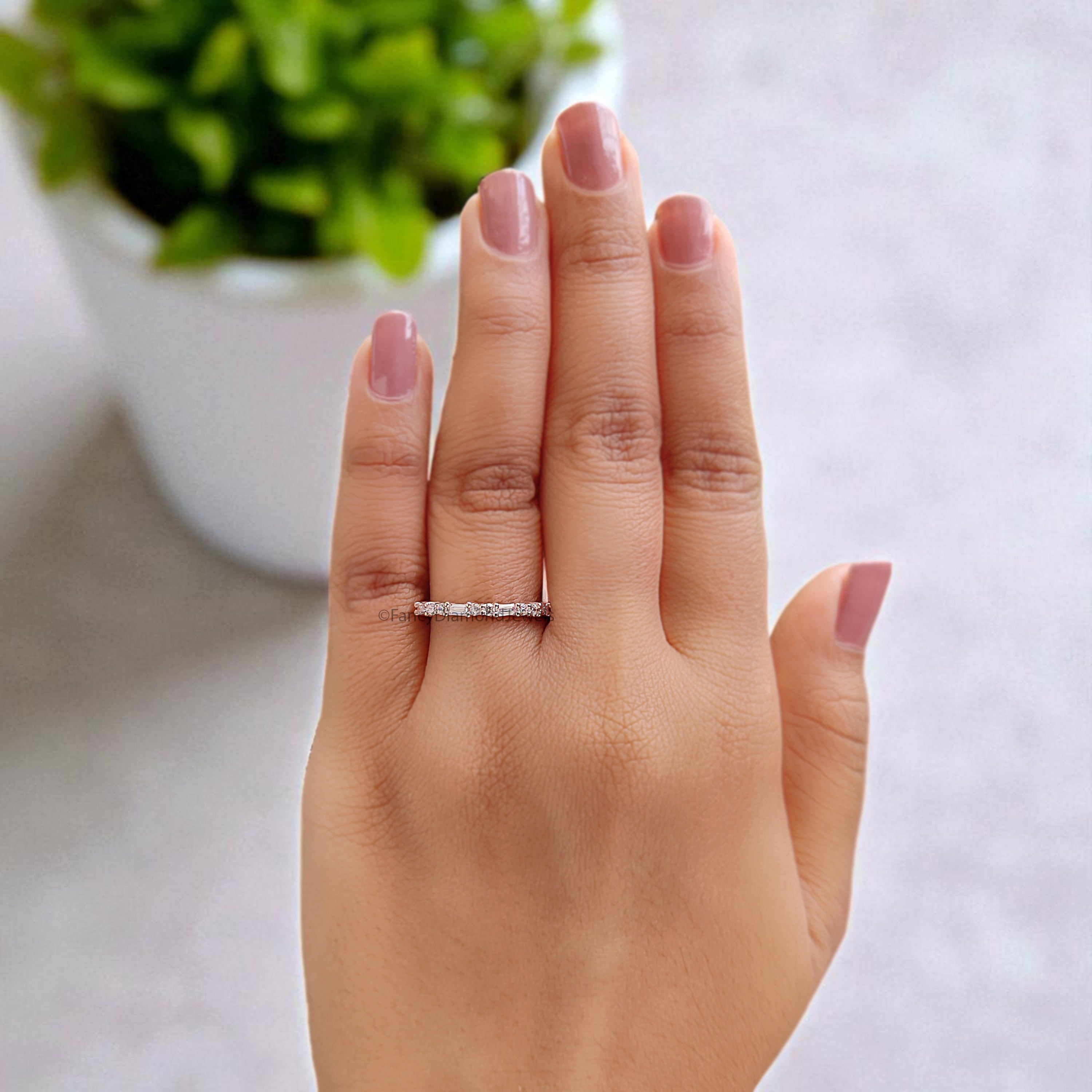 Silver/10K/14K/18K Gold Baguette And Round Diamond Wedding Band Half Eternity Minimalist stacking dainty matching anniversary ring KD1145