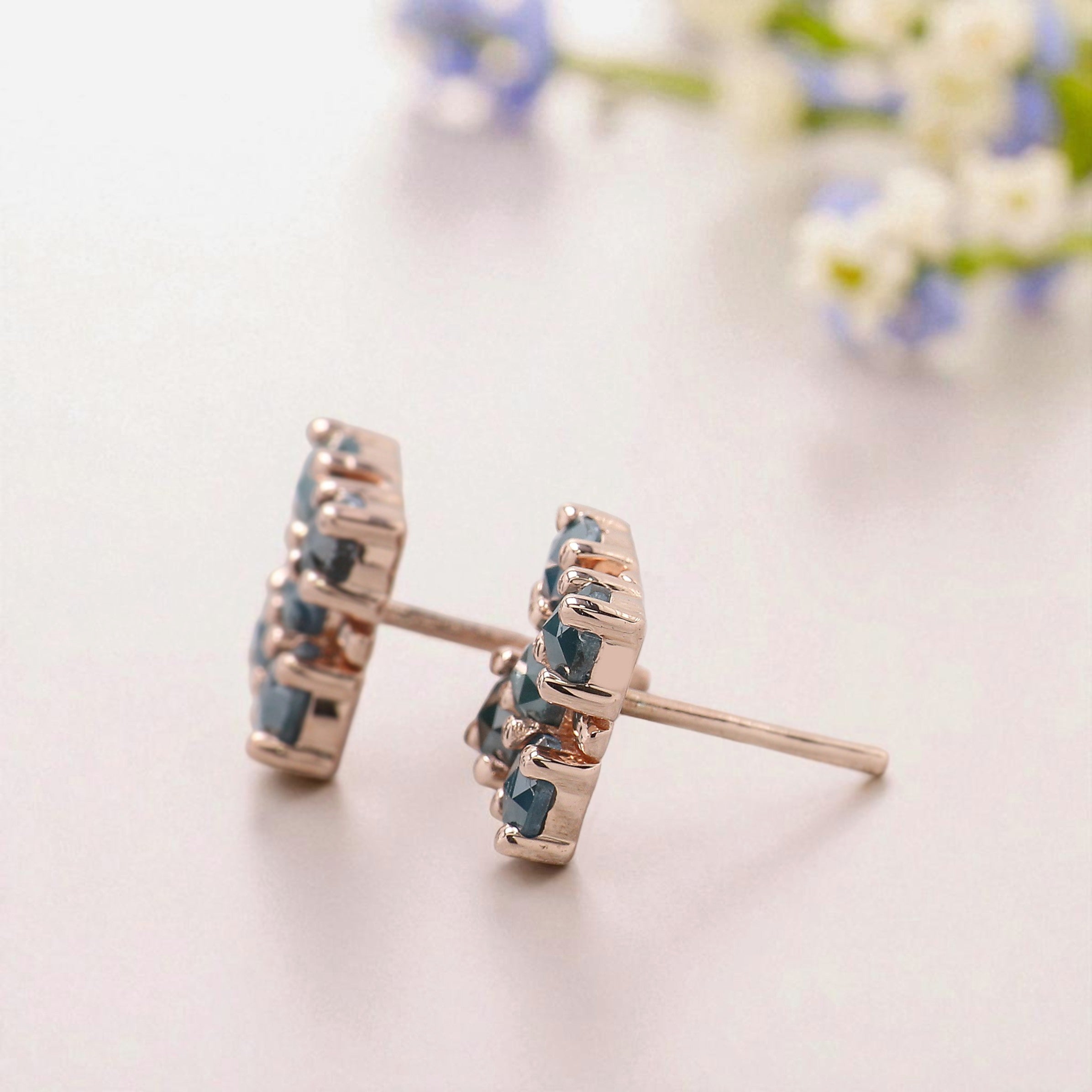 Round Rose Cut Blue Color Diamond Earring 2.03 Ct 3.90 MM Round Diamond Earring 14K Rose Gold Silver Engagement Earring Gift For Her QL2414