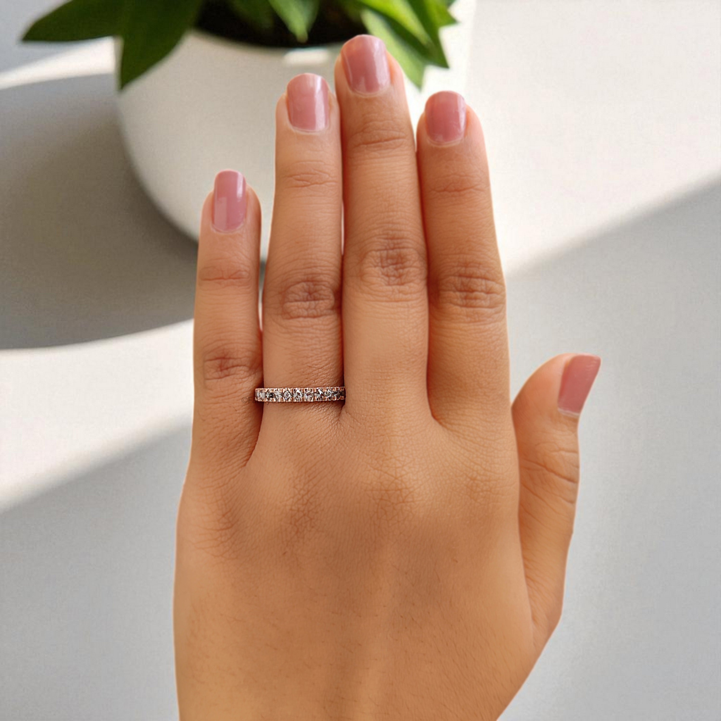 Round Rose Cut Salt And Pepper Diamond Wedding Band Silver/10K/14K/18K Gold Half Eternity Minimalist stacking dainty matching Ring KD923