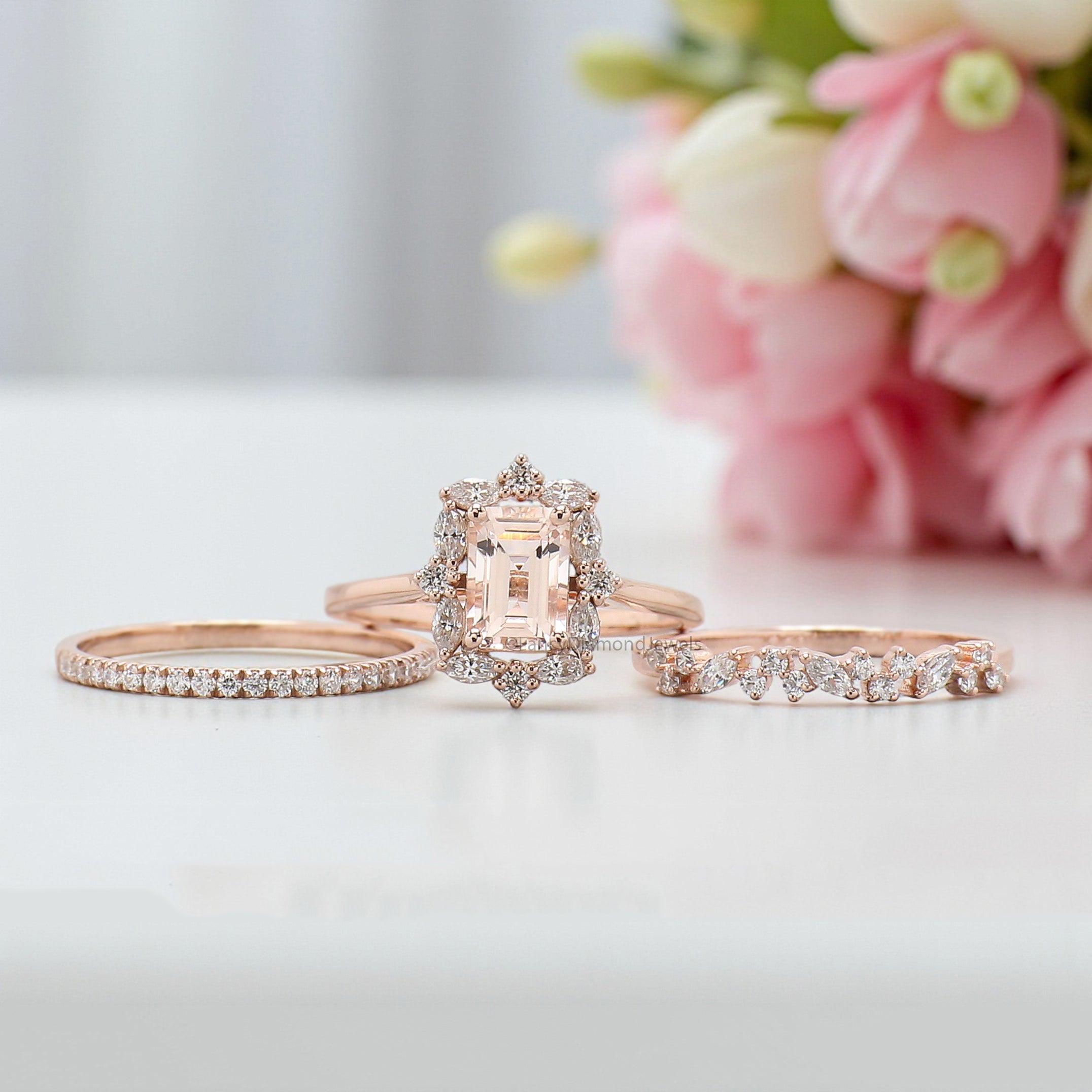 0.95 CT Emerald Shape Morganite Engagement Ring Set Unique art deco Marquise halo Starburst Ring Round wedding ring Gift For Her FD440