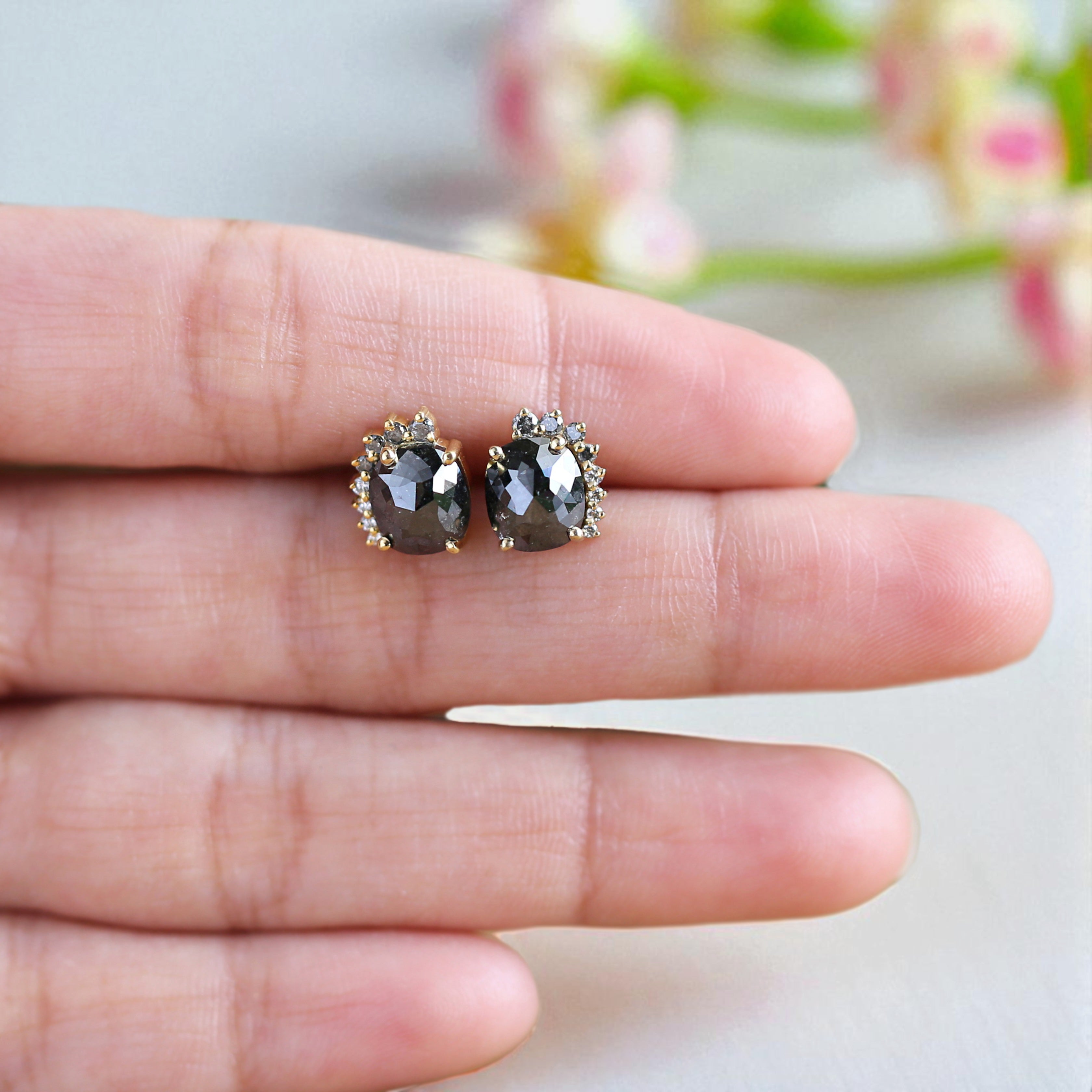 Cushion Black Color Diamond Earring 2.50 Ct 7.30 MM Cushion Diamond Earring 14K Solid Yellow Gold Silver Cushion Earring Gift For Her KD947