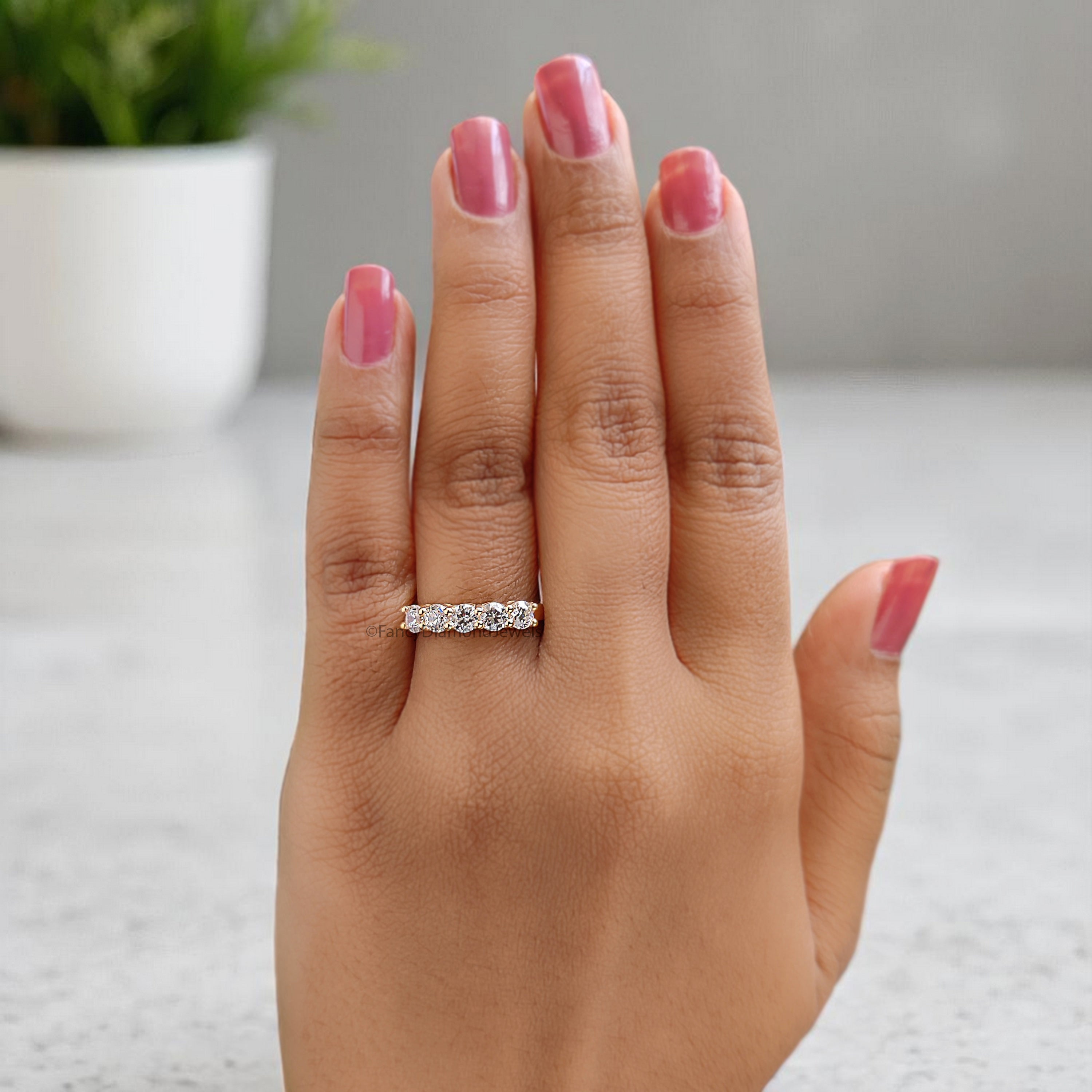 Five Round Diamond Wedding Band Silver/10K/14K/18K Band 3.50 MM Diamond Band Half Eternity Minimalist stacking dainty matching Ring FD379