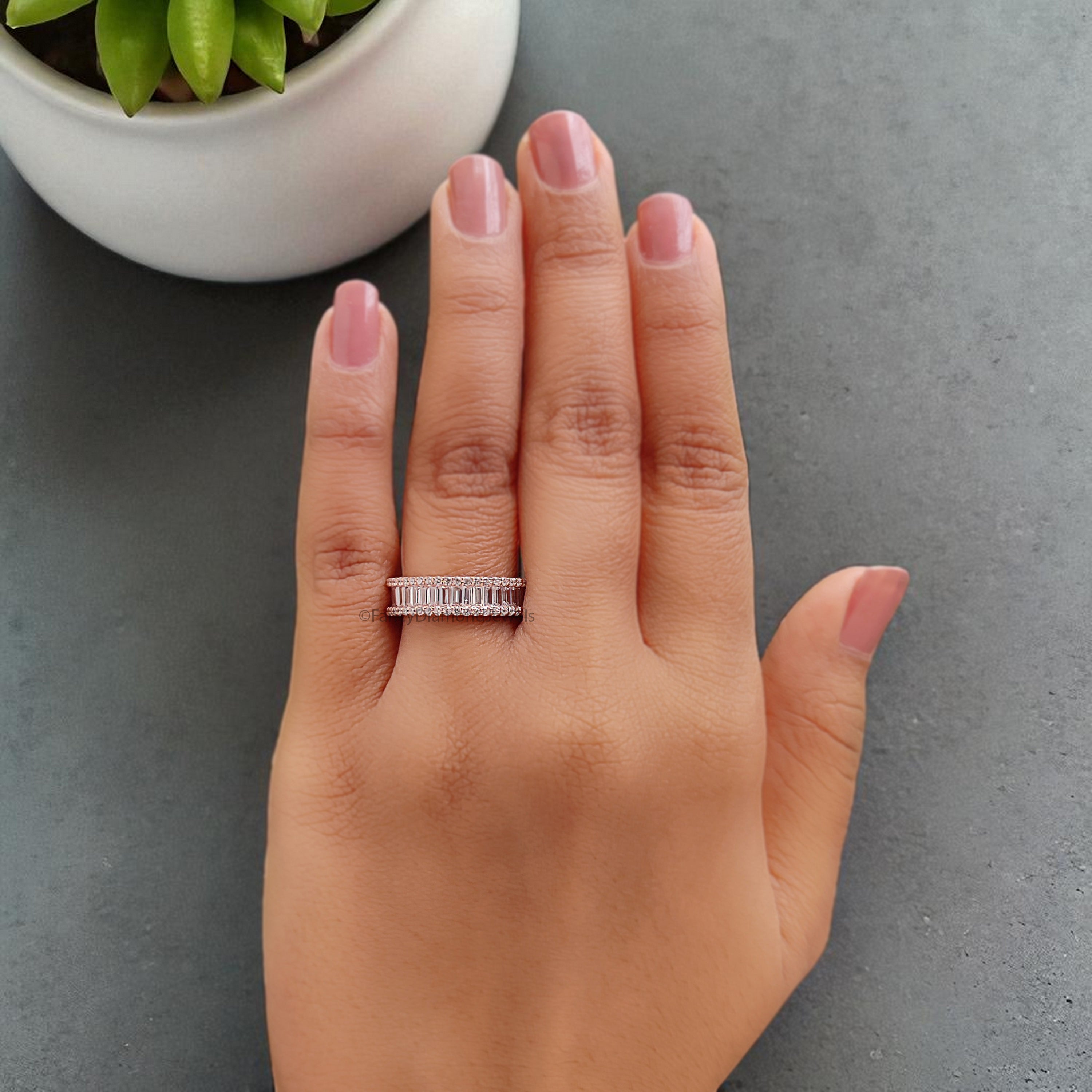 Natural Round / Baguette Diamond Wedding Band Half Eternity Minimalist stacking dainty matching Band Silver/10K/14K/18K Gold Band KD1168
