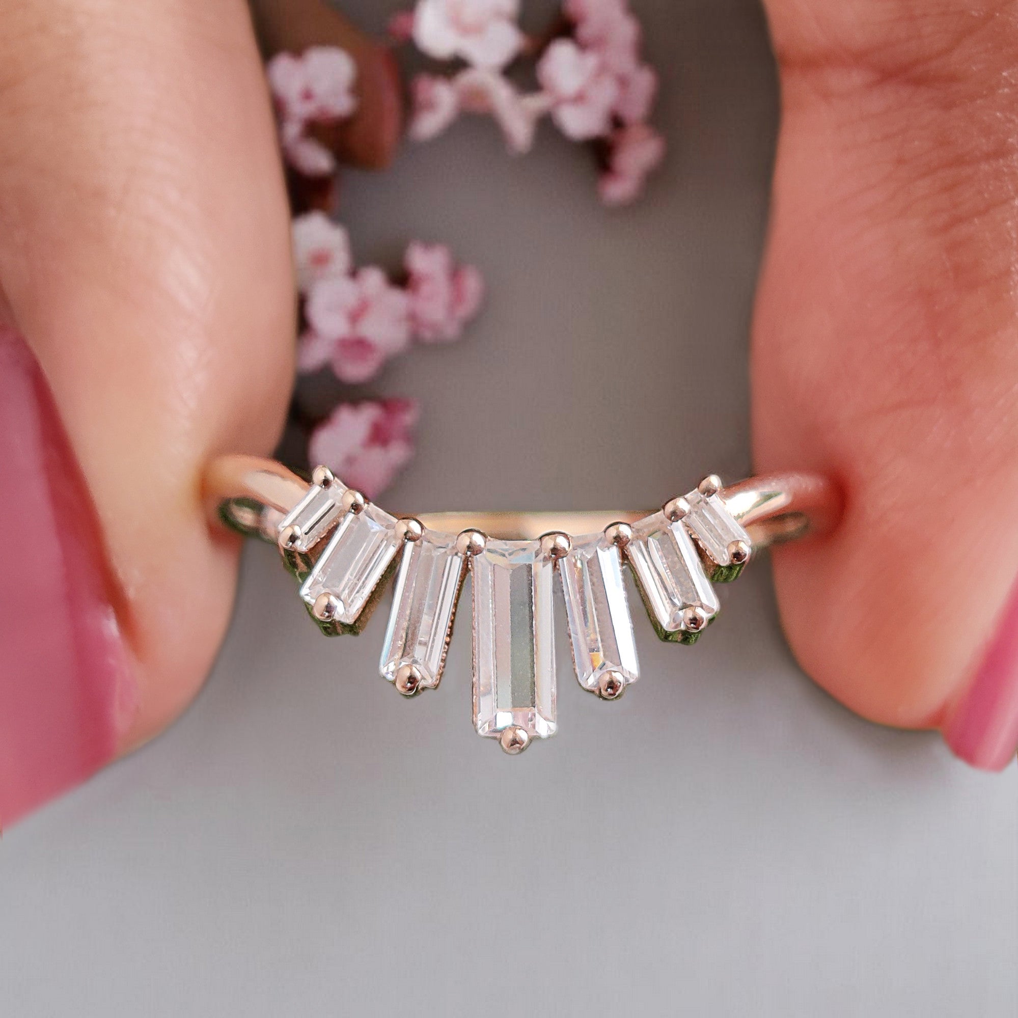 Baguette Colorless Moissanite Diamond Curved Wedding Band 14k Solid Rose/ Yellow/ White Gold 0.75 CT Diamond Band Half Eternity Band KD828