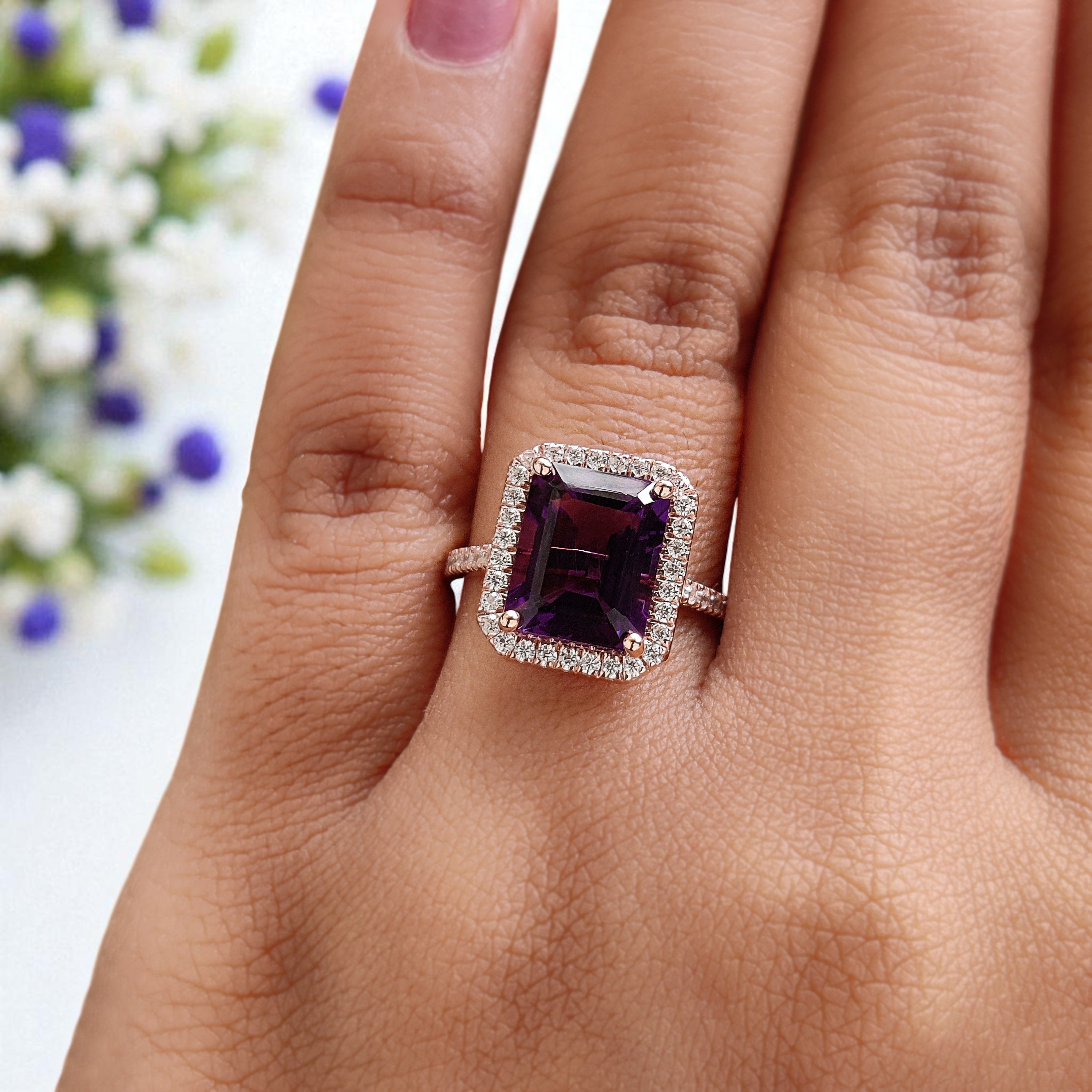 3.40 CT Emerald Cut Purple Amethyst Engagement Ring Rose Gold Ring Emerald Shape Diamond Wedding Ring Unique Vintage Ring Gift For Her FD423