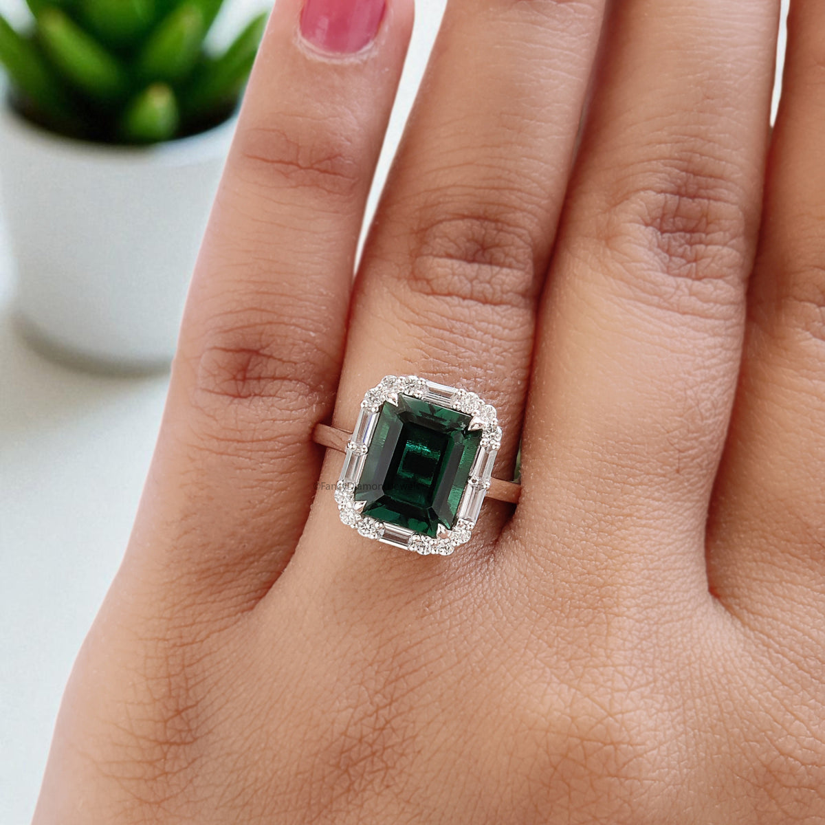 2.95 CT Green Emerald Engagement Ring White Gold Ring Wedding Ring Unique art deco Ring Baguette halo Starburst ring Gift For Her FD429