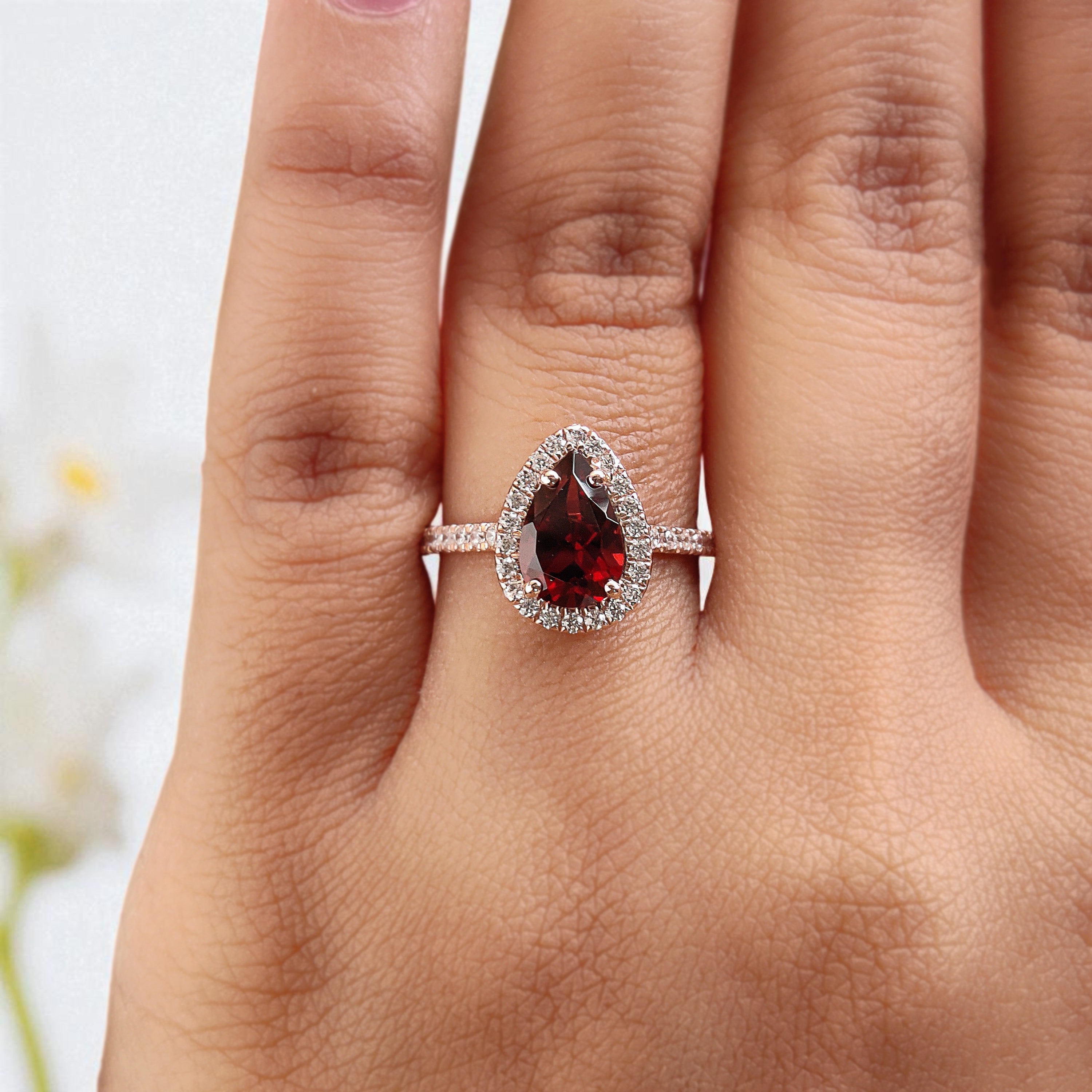 1.60 CT Pear Cut Red Garnet Engagement Ring Rose Gold Ring Pear Shape Diamond Wedding Ring Unique Art Deco Vintage Ring Gift For Her FD424