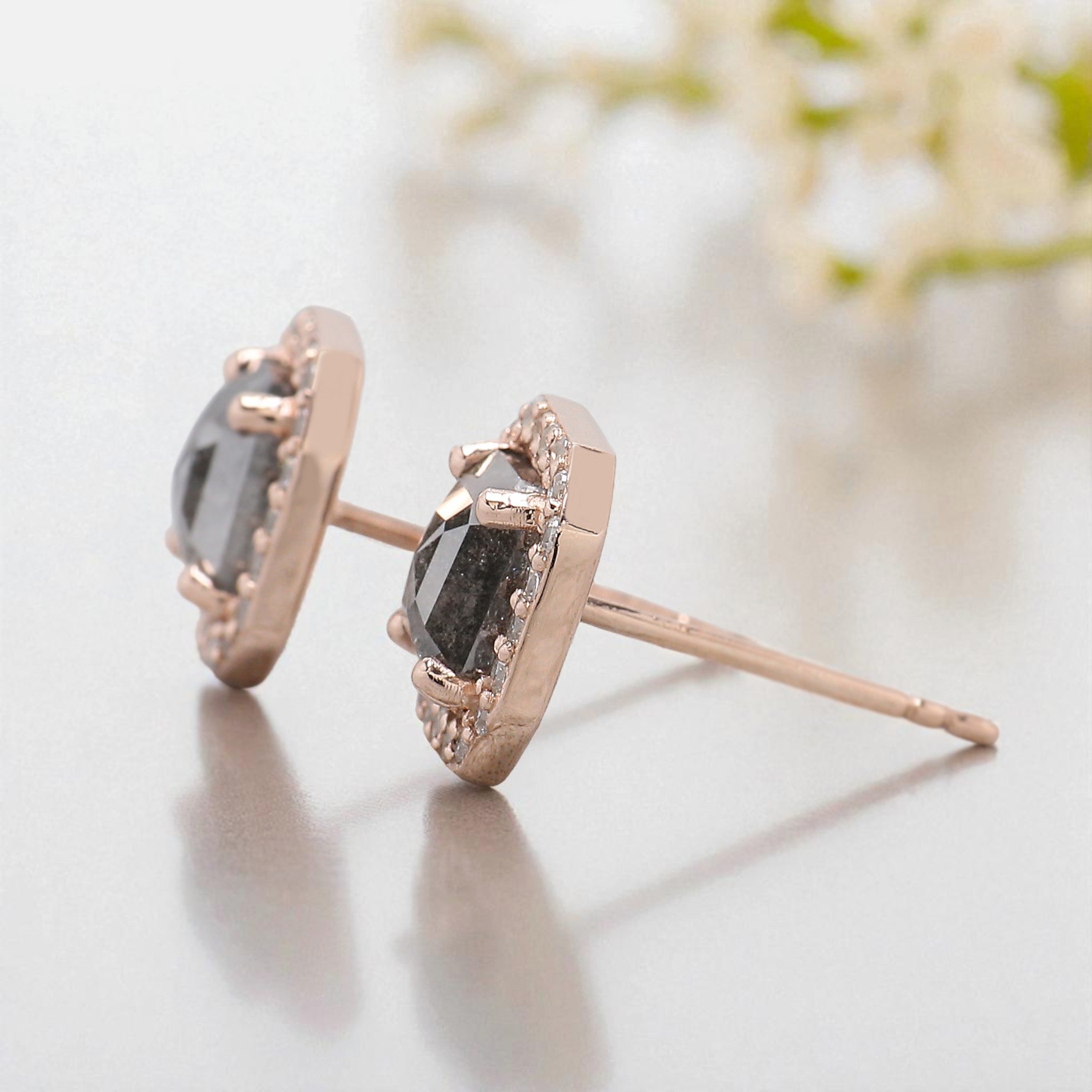 Emerald Shape Salt And Pepper Diamond Earring Emerald Earring Halo Set Earring Engagement Earring Earlobe Earrings Gift For Her KD860