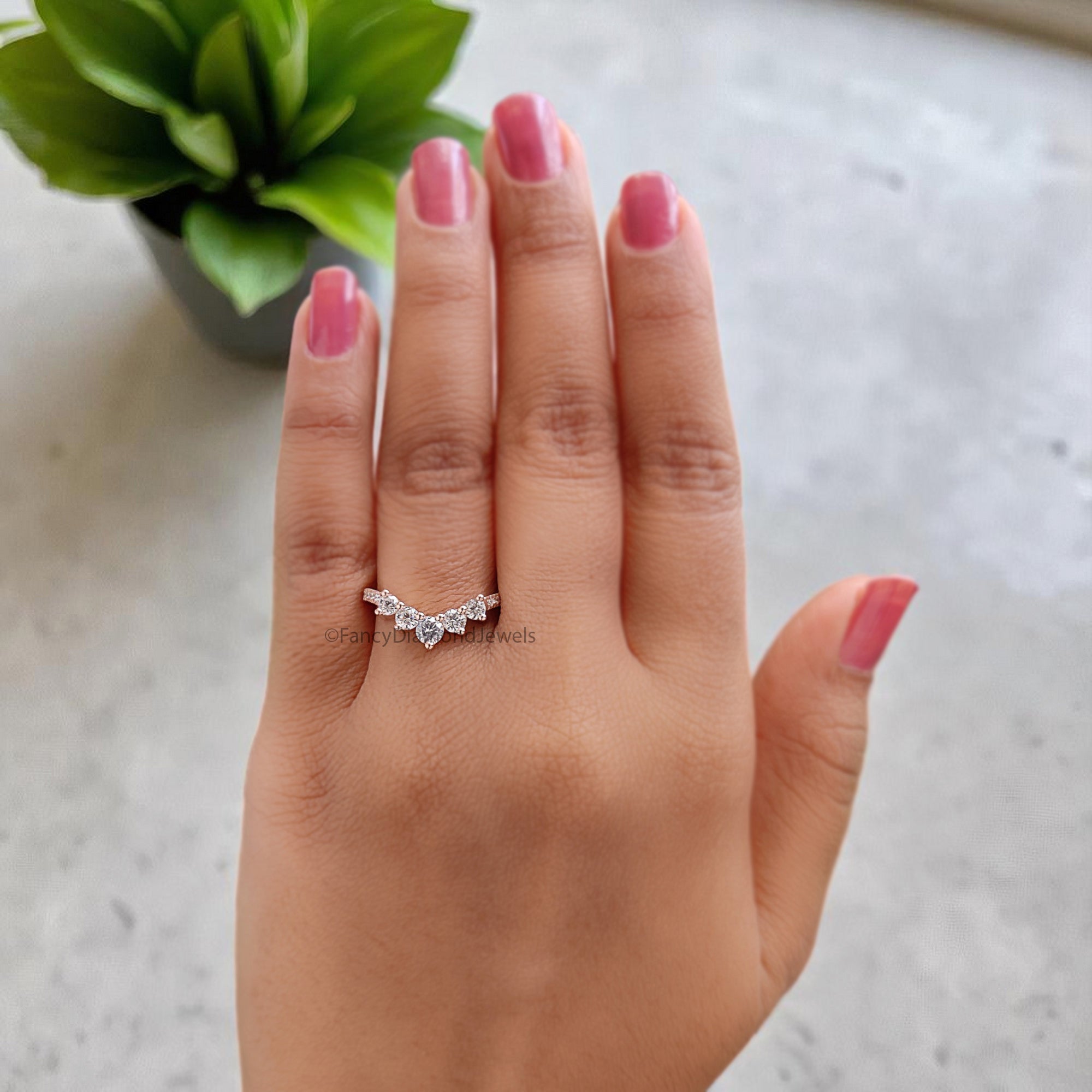 Curved wedding band 0.64 TW Round cut Moissanite ring Chic Thin V Shaped band Silver/10K/14K/18K Band Half eternity Anniversary band FD376