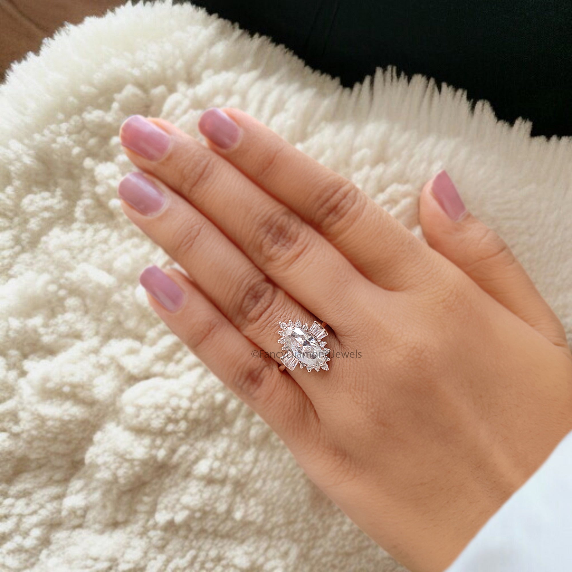 2.00 CT Marquise Cut Moissanite Engagement Ring with Side Baguette Moissanite Ring Bridal Ring Rose Gold Ring Wedding Promise Ring FD334
