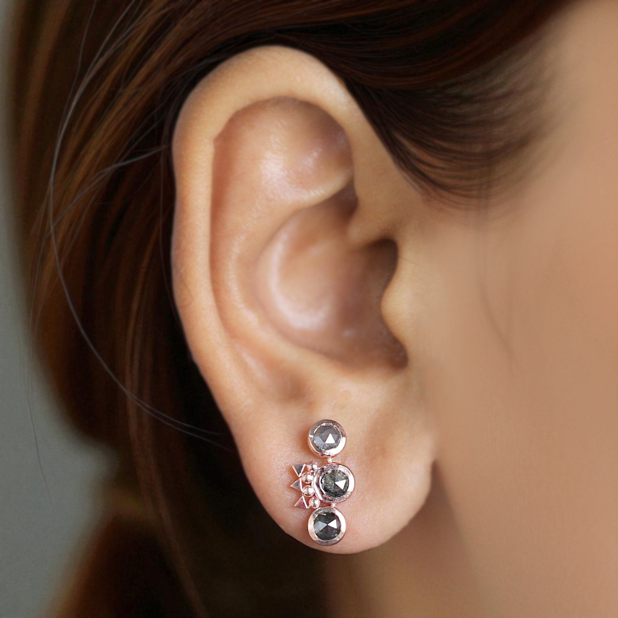 Round Salt And Pepper Diamond Earring Round Rose Shape Earring Bezel Earring Engagement Earring Earlobe Earrings Gift For Her KDN2059