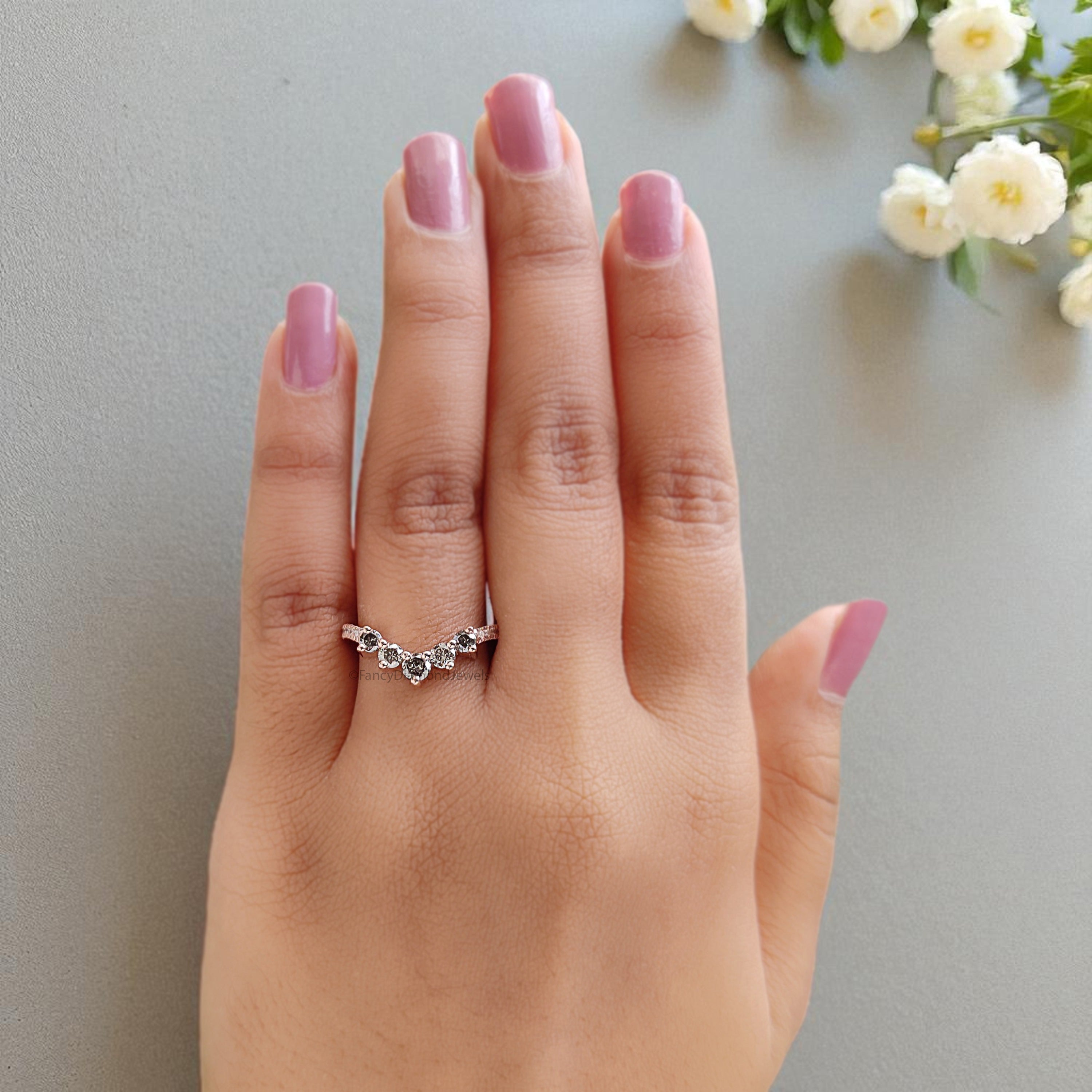 Curved wedding band 0.77 TW Round Salt And Pepper Diamond ring Chic Thin V Shaped band Silver/10K/14K/18K Band Half eternity band KD875