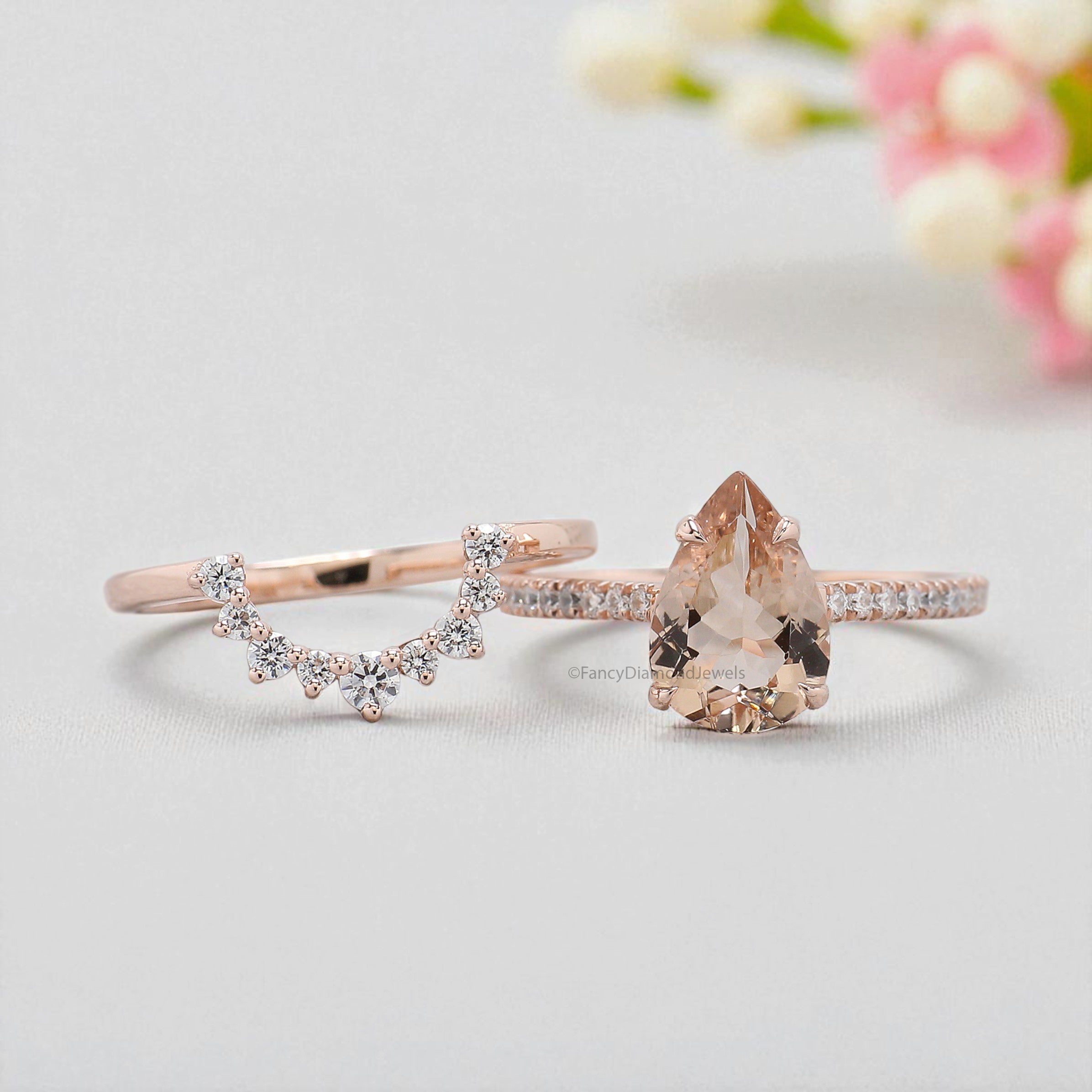 1.45 CT Pear Cut Natural Morganite Engagement Ring Set Rose Gold Ring Morganite Curved Wedding Ring Unique Vintage Ring Gift For Her FD447