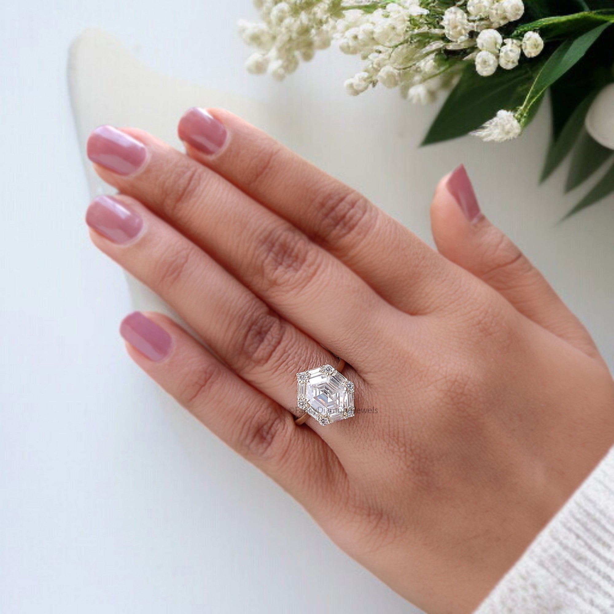 2.35 CT Hexagon Cut Moissanite Engagement Ring with Side Baguette Moissanite Ring Yellow Gold Ring Bridal Anniversary Gift For Her FD321