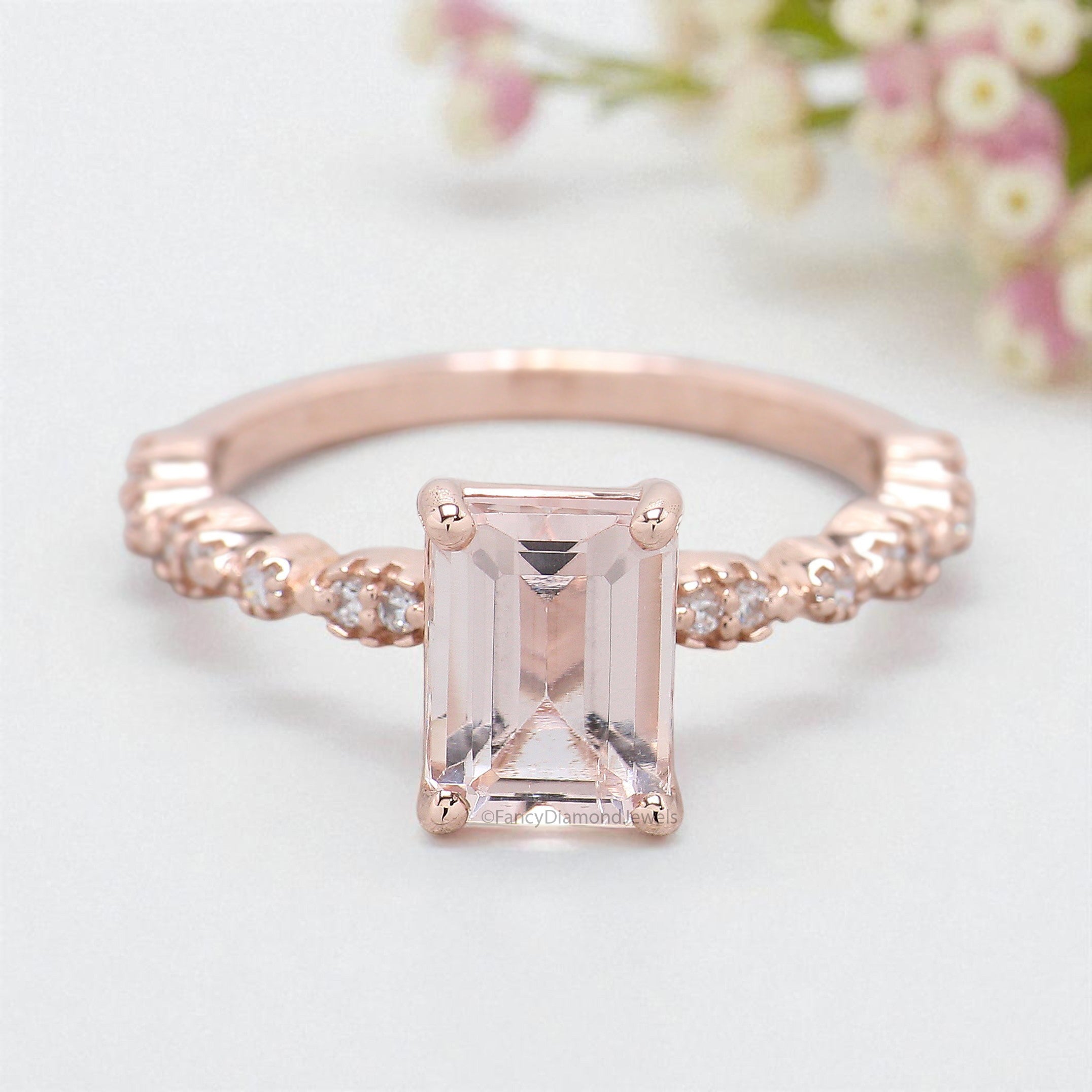 1.58 CT Emerald Cut Natural Morganite Engagement Ring Rose Gold Ring Emerald Diamond Wedding Ring Unique Vintage Ring Gift For Her FD428