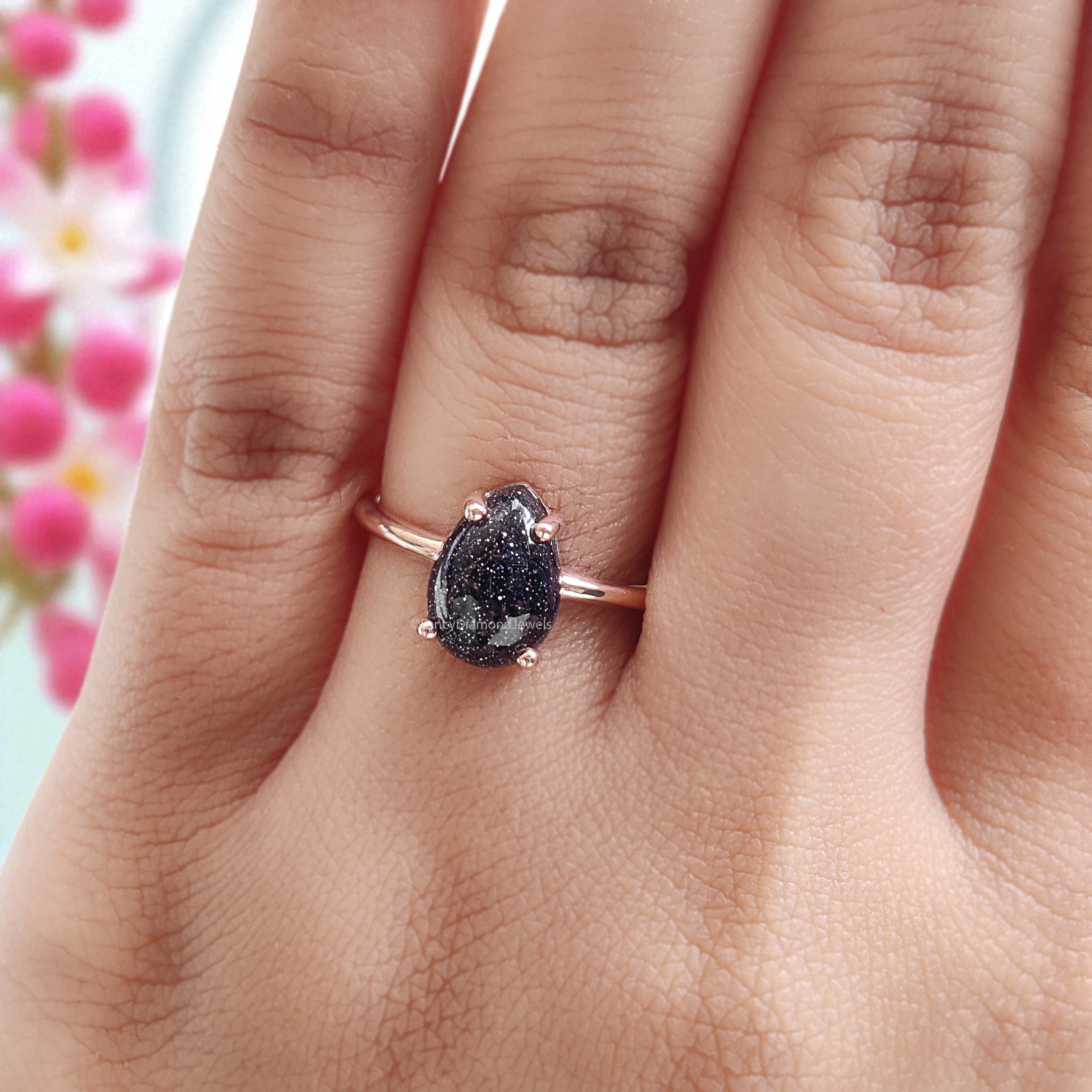 2.00 CT Unique Pear Cut Blue Sand Stone Cabochon Engagement Ring Rose Gold Ring Beautiful Blue Pear Sun Star Wedding Ring FD437