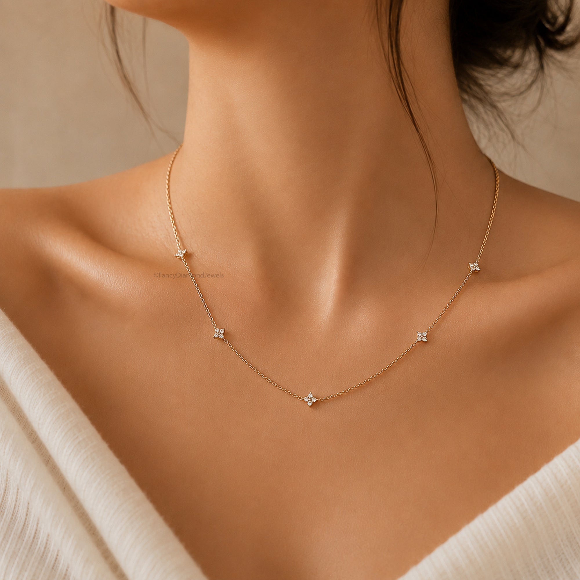 18K Gold Attached Diamond Station Necklace | Four Leaf Clover Star Necklace | Dainty or Large Diamond Chain | Everyday Fine Jewelry FD569