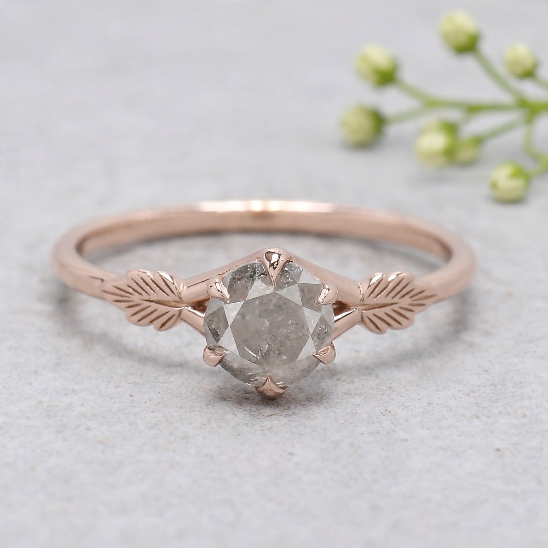 0.87 Ct Natural Round Shape Grey Color Diamond Ring 5.60 MM Round Cut Diamond Ring 14K Rose Gold Silver Engagement Ring Gift For Her KDN8944