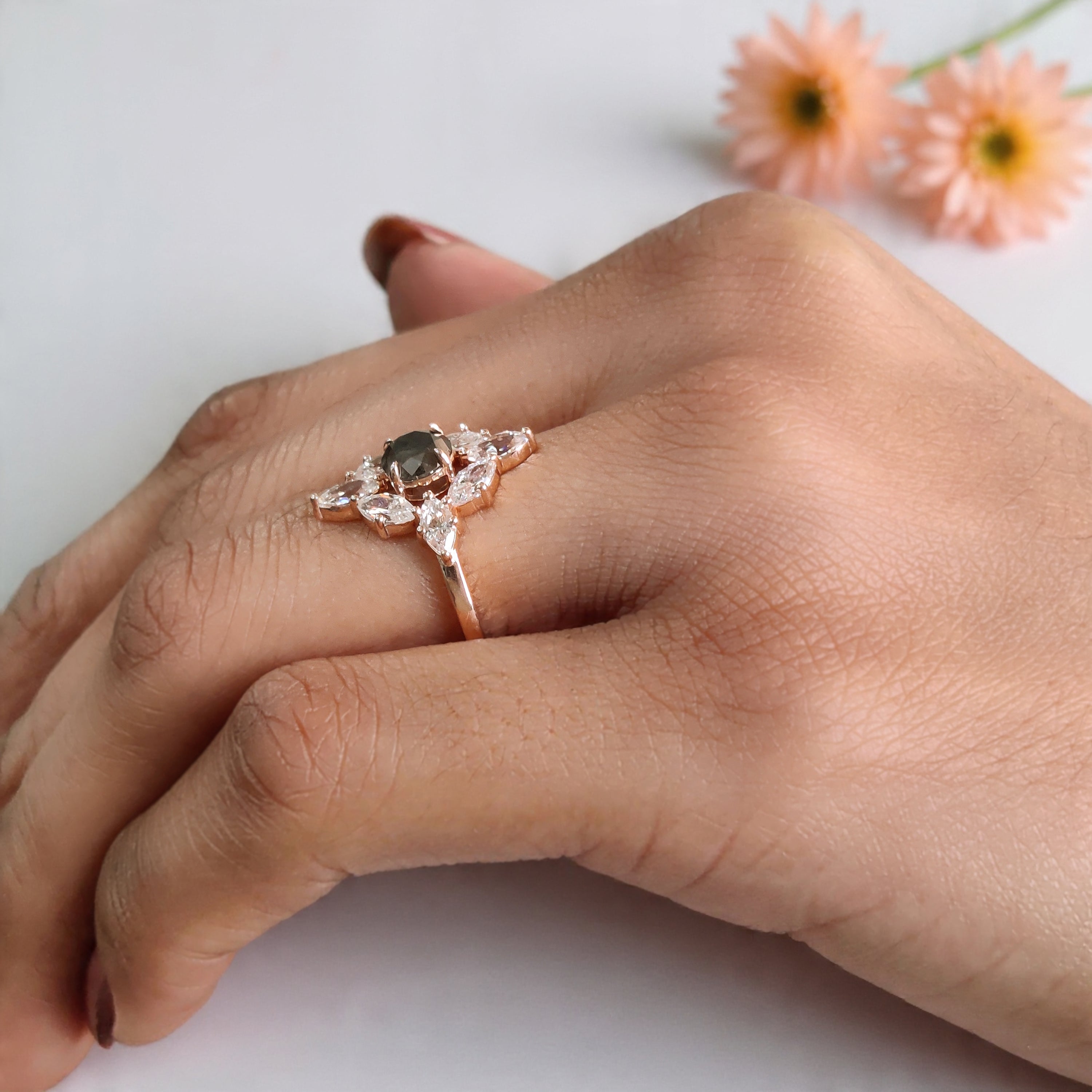 0.68 Ct Natural Round Shape Salt And Pepper Diamond Ring 5.30 MM Round Cut Diamond Ring 14K Solid Rose Gold Silver Engagement Ring KDL1765