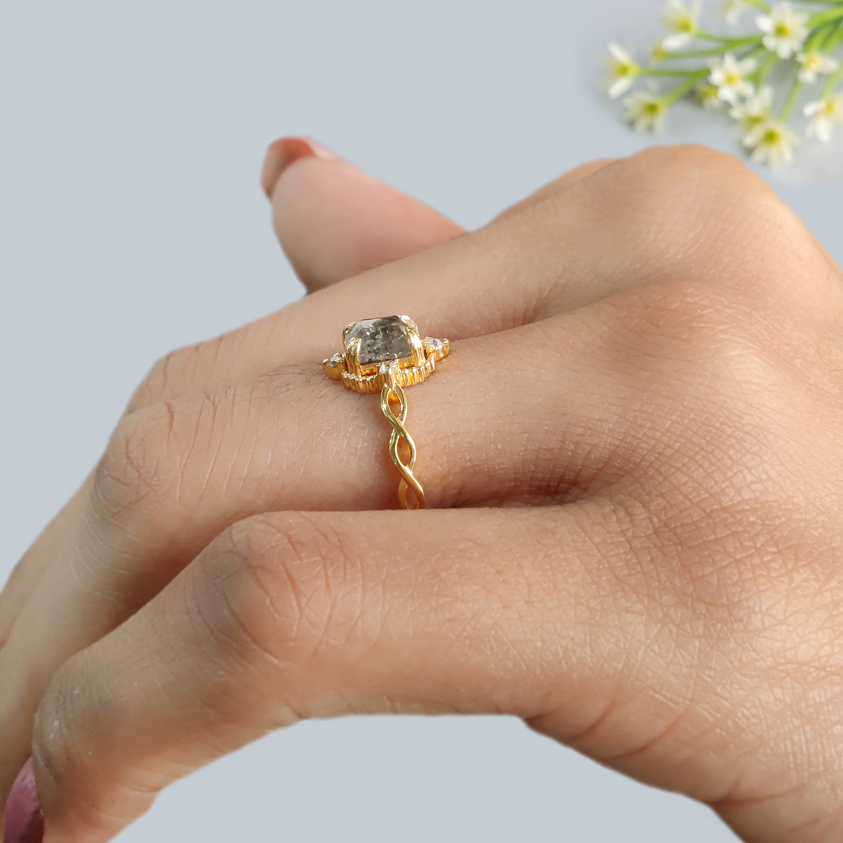 Emerald Salt And Pepper Diamond Ring 0.94 Ct 5.88 MM Emerald Diamond Ring 14K Solid Yellow Gold Silver Engagement Ring Gift For Her KDL9559