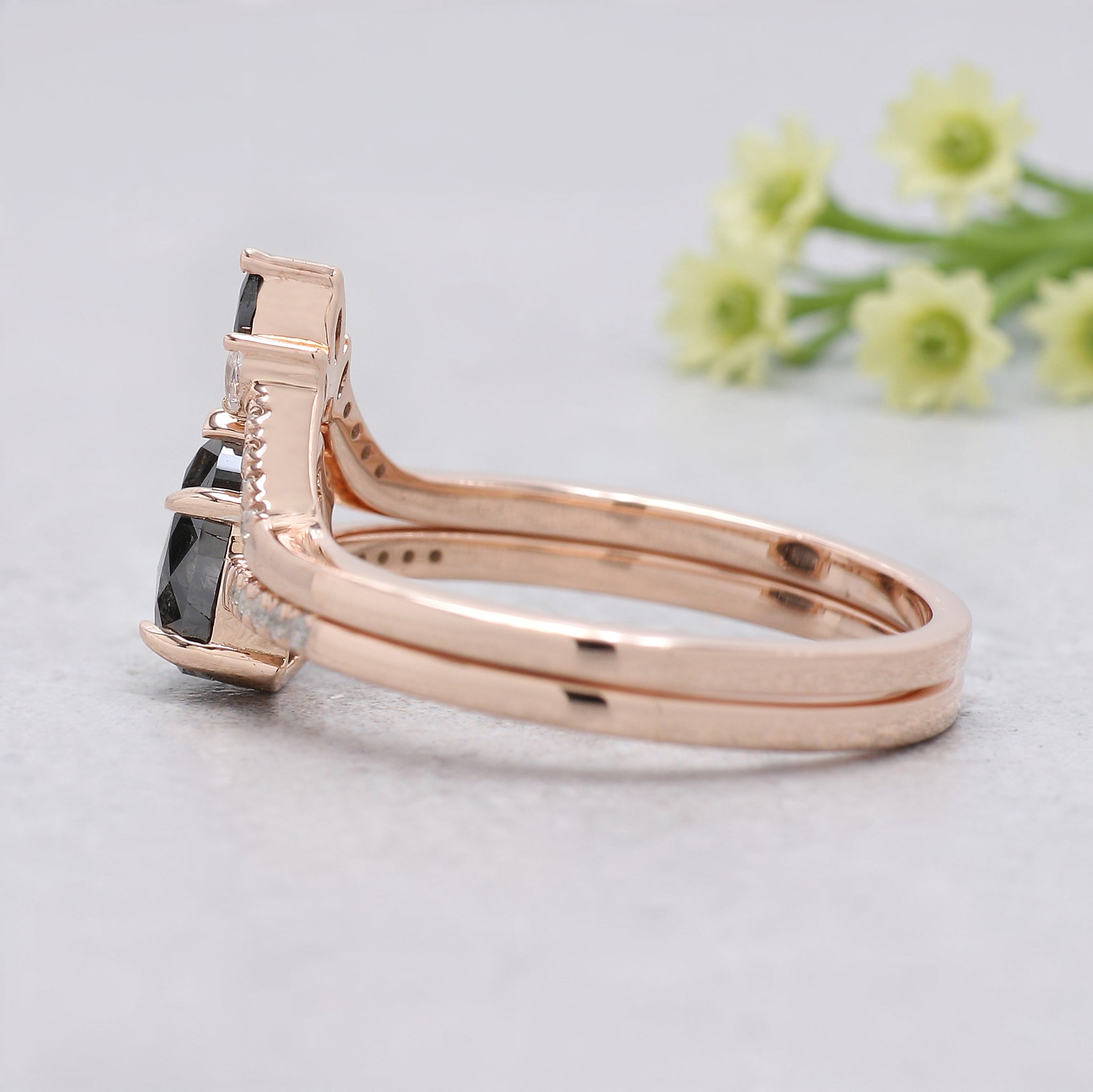 Pear Cut Salt and Pepper Diamond Ring, 14K Rose Gold Pear Engagement Ring, Bridal Set, Unique Pear Shaped Diamond Ring Gift for Her KDN2098