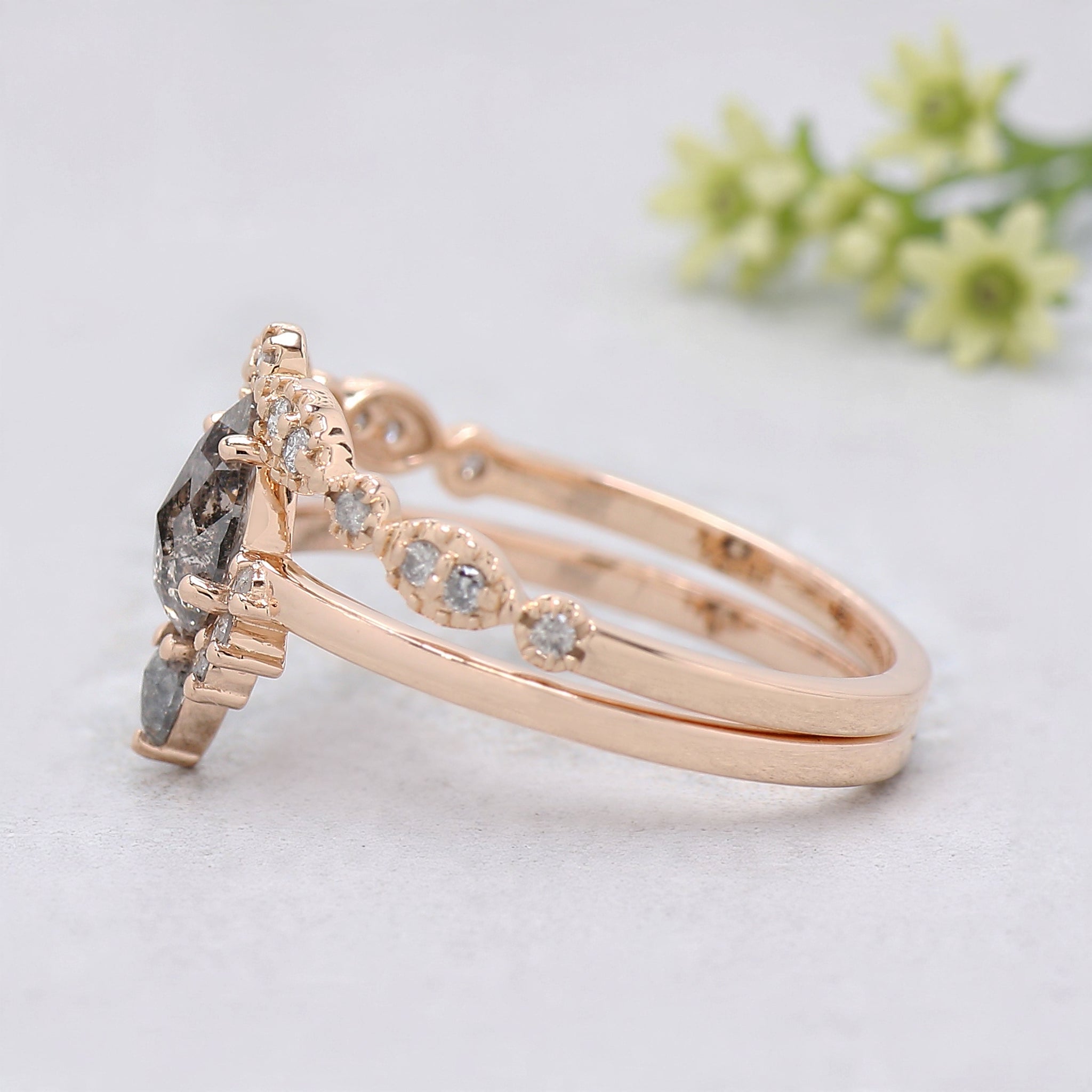 Pear Cut Salt And Pepper Diamond Ring 0.48 Ct 6.65 MM Pear Diamond Ring 14K Rose Gold Silver Pear Engagement Ring Set Gift For Her KDN976