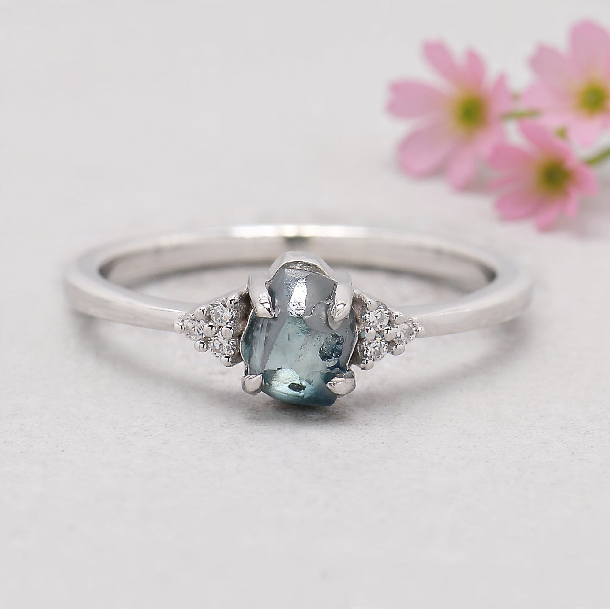 Rough Blue Color Diamond Ring 0.99 Ct 5.83 MM Crystal Rough Diamond Ring 14K Solid White Gold Silver Engagement Ring Gift For Her QL2361