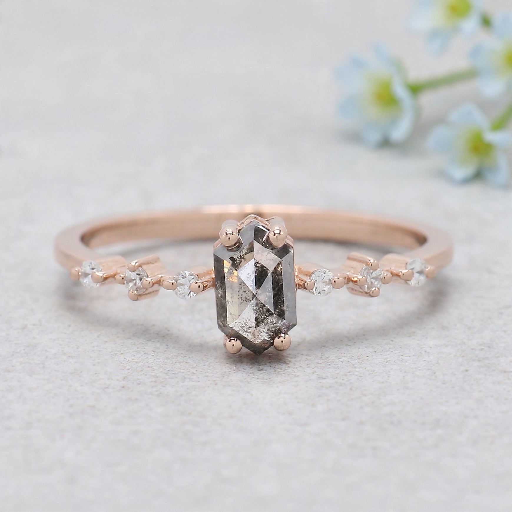 Hexagon Cut Salt And Pepper Diamond Ring 0.48 Ct 6.38 MM Hexagon Cut Diamond Ring 14K Rose Gold Silver Engagement Ring Gift For Her KDL2472