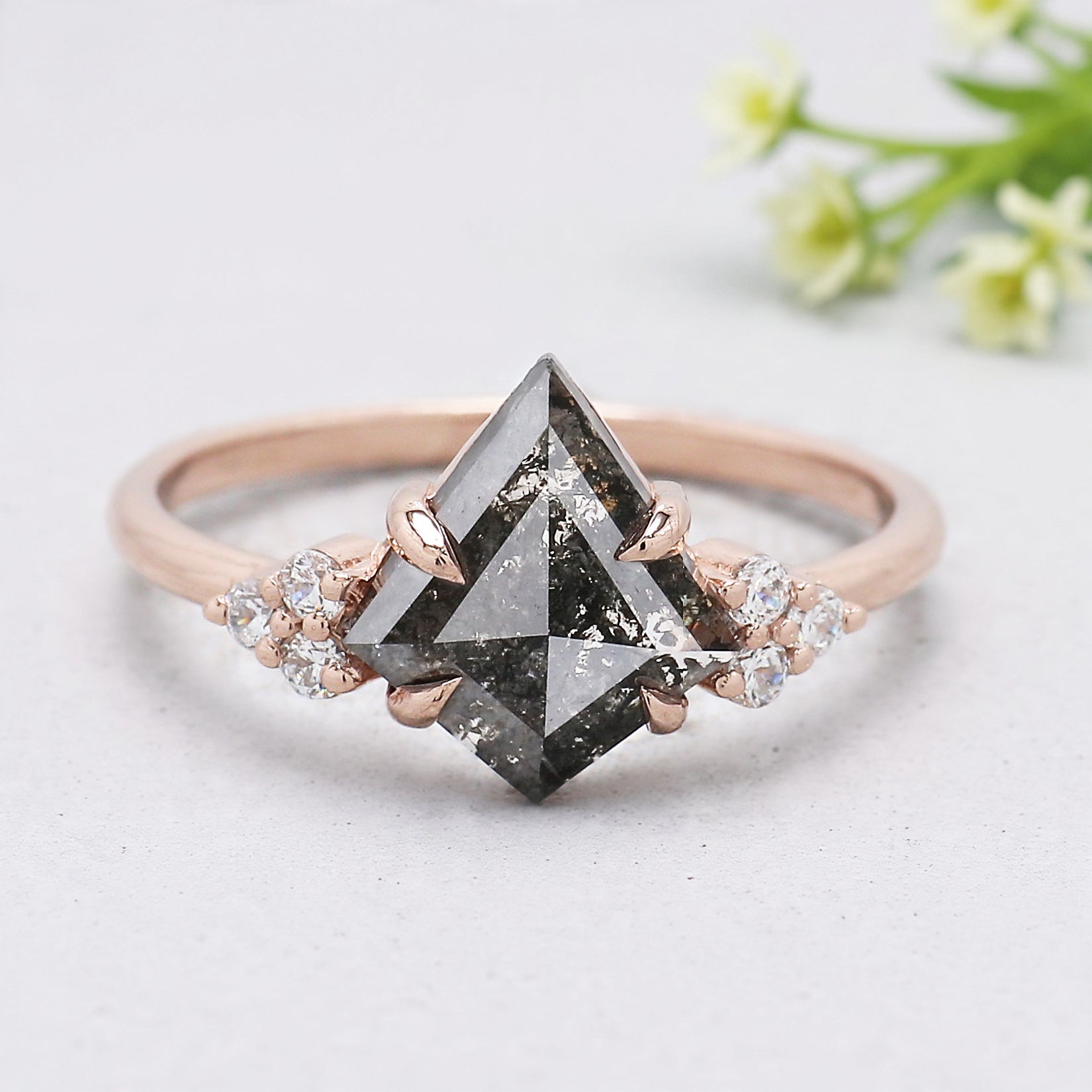 Kite Cut Salt And Pepper Diamond Ring 1.06 Ct 10.04 MM Kite Diamond Ring 14K Solid Rose Gold Silver Engagement Ring Gift For Her KDL3411