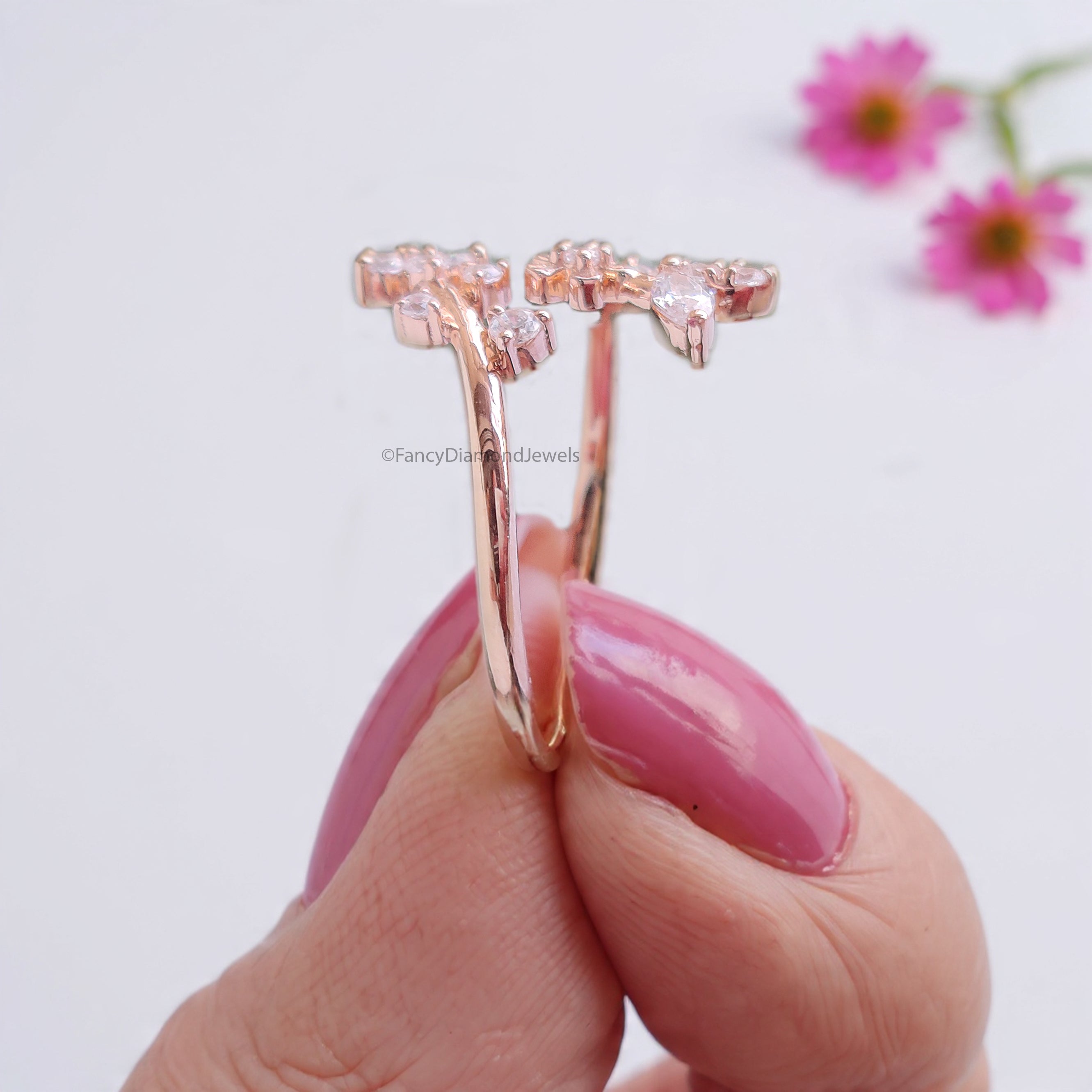 Marquise / Round Cut Wedding Ring Rose Gold Unique Anniversary Ring Spring Flower Ring Adjustable Delicate Personalized Gift For Her FD536