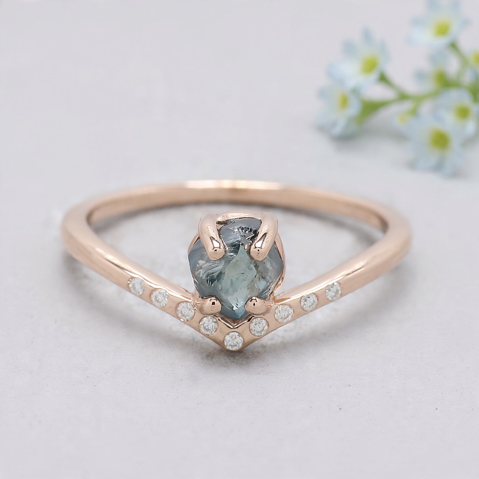 0.97 Ct Natural Rough Cut Blue Color Diamond Ring 5.65 MM Crystal Rough Diamond Ring 14K Solid Rose Gold Silver Engagement Ring QL2347