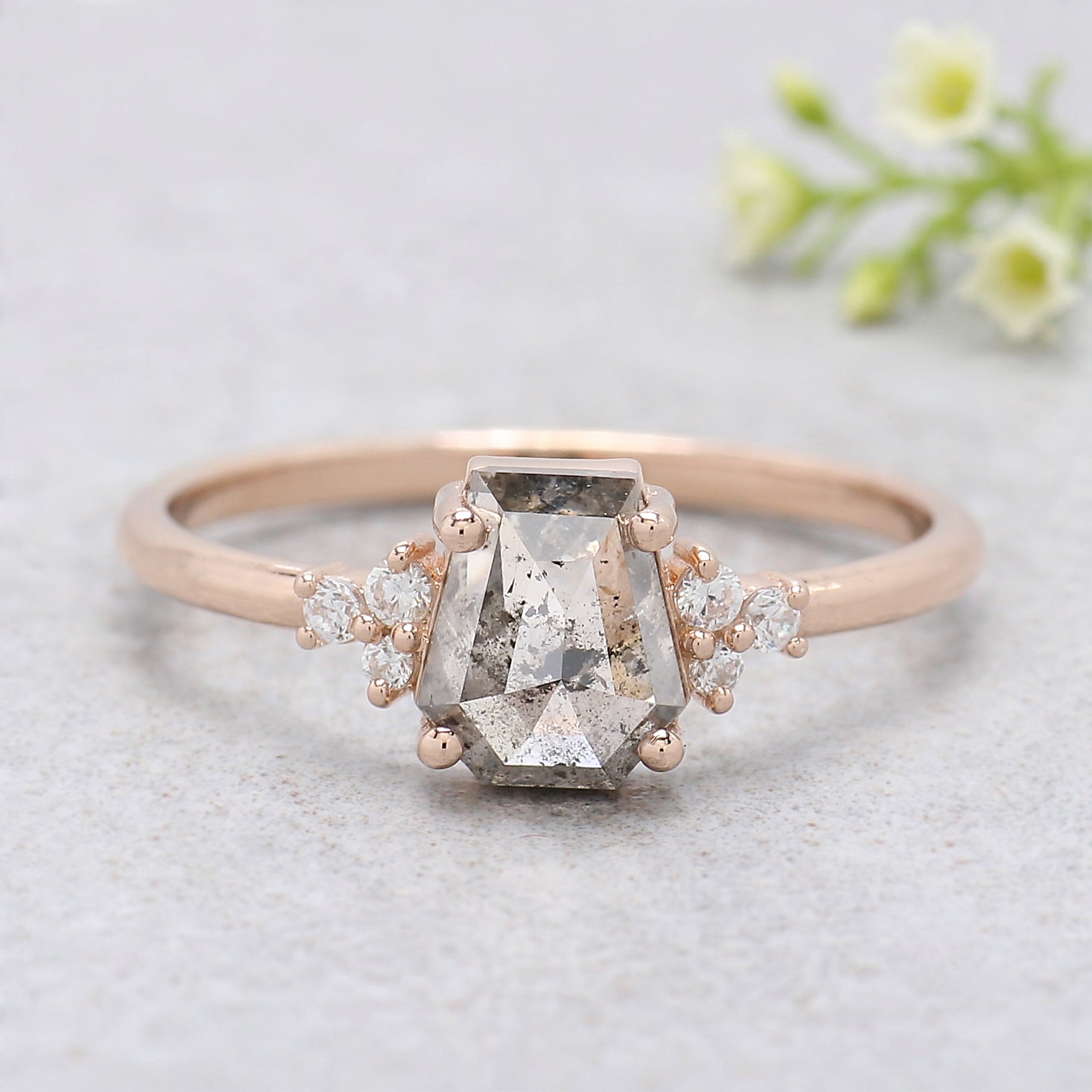 Coffin Cut Salt And Pepper Diamond Ring 1.11 Ct 6.80 MM Coffin Diamond Ring 14K Solid Rose Gold Silver Engagement Ring Gift For Her KDK2178
