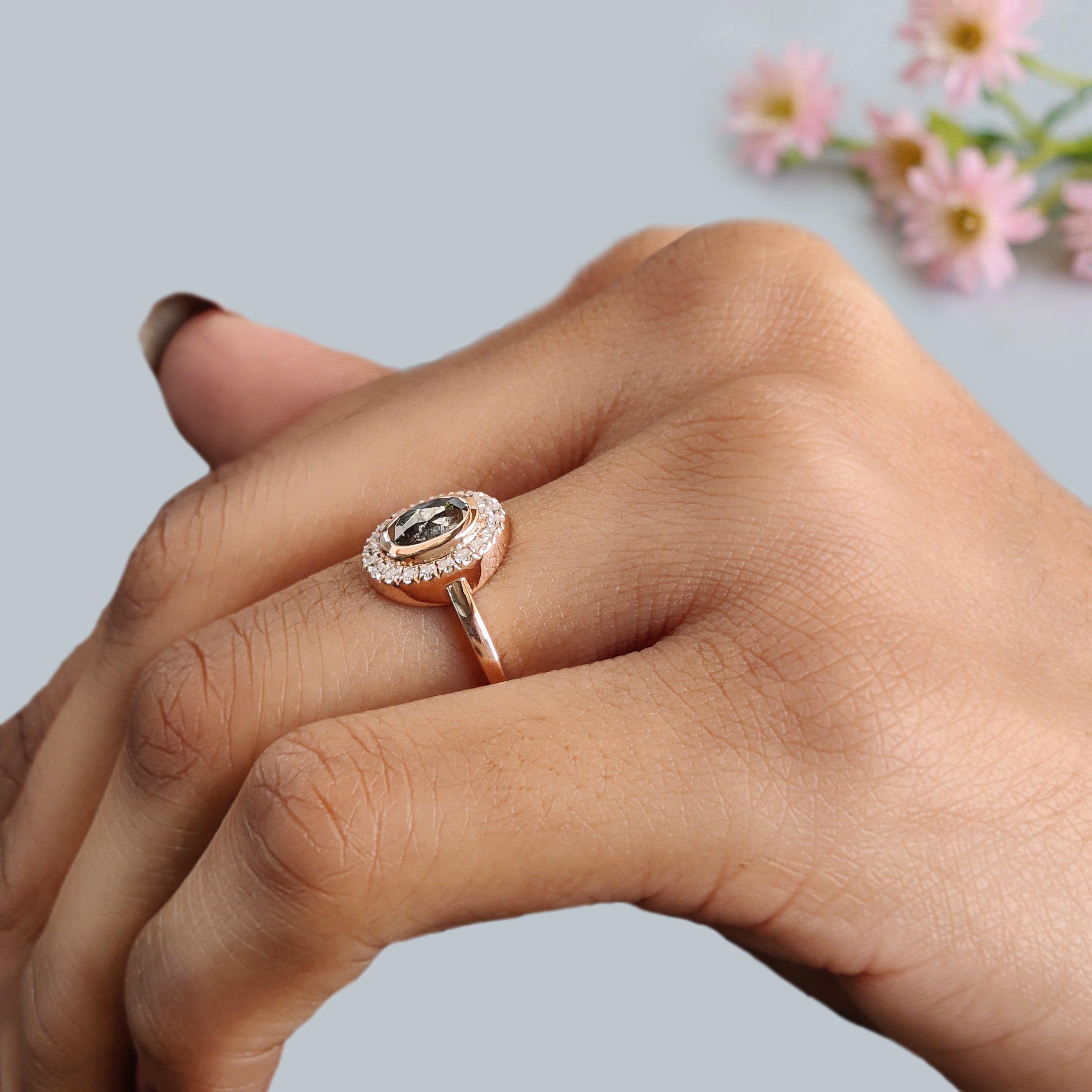 Oval Cut Salt And Pepper Diamond Ring 0.79 Ct 6.35 MM Oval Diamond Ring 14K Solid Rose Gold Silver Oval Engagement Ring Gift For Her KDL1476
