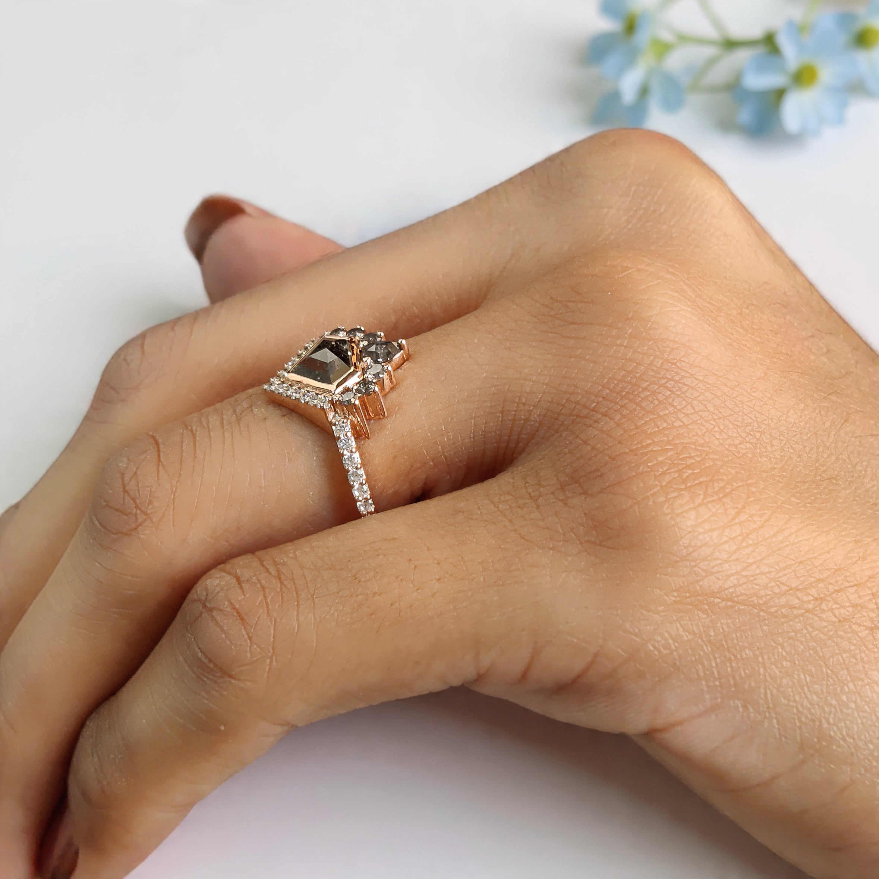 0.90 Ct Natural Shield Shape Salt And Pepper Diamond Ring 5.55 MM Shield Cut Diamond Ring 14K Solid Rose Gold Silver Engagement Ring KDN767