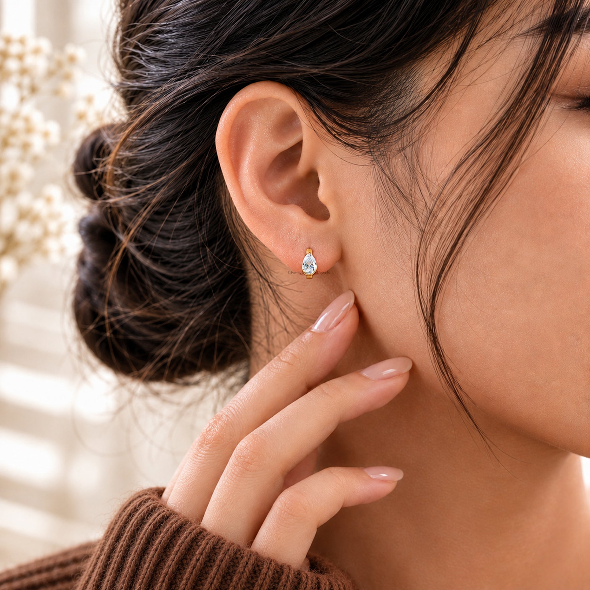 14K Gold Pear And Radiant Shape Lab Diamond Huggie Hoop Earrings Minimalist Single Earring 14k Gold Endurable earring Gift For Her FD589