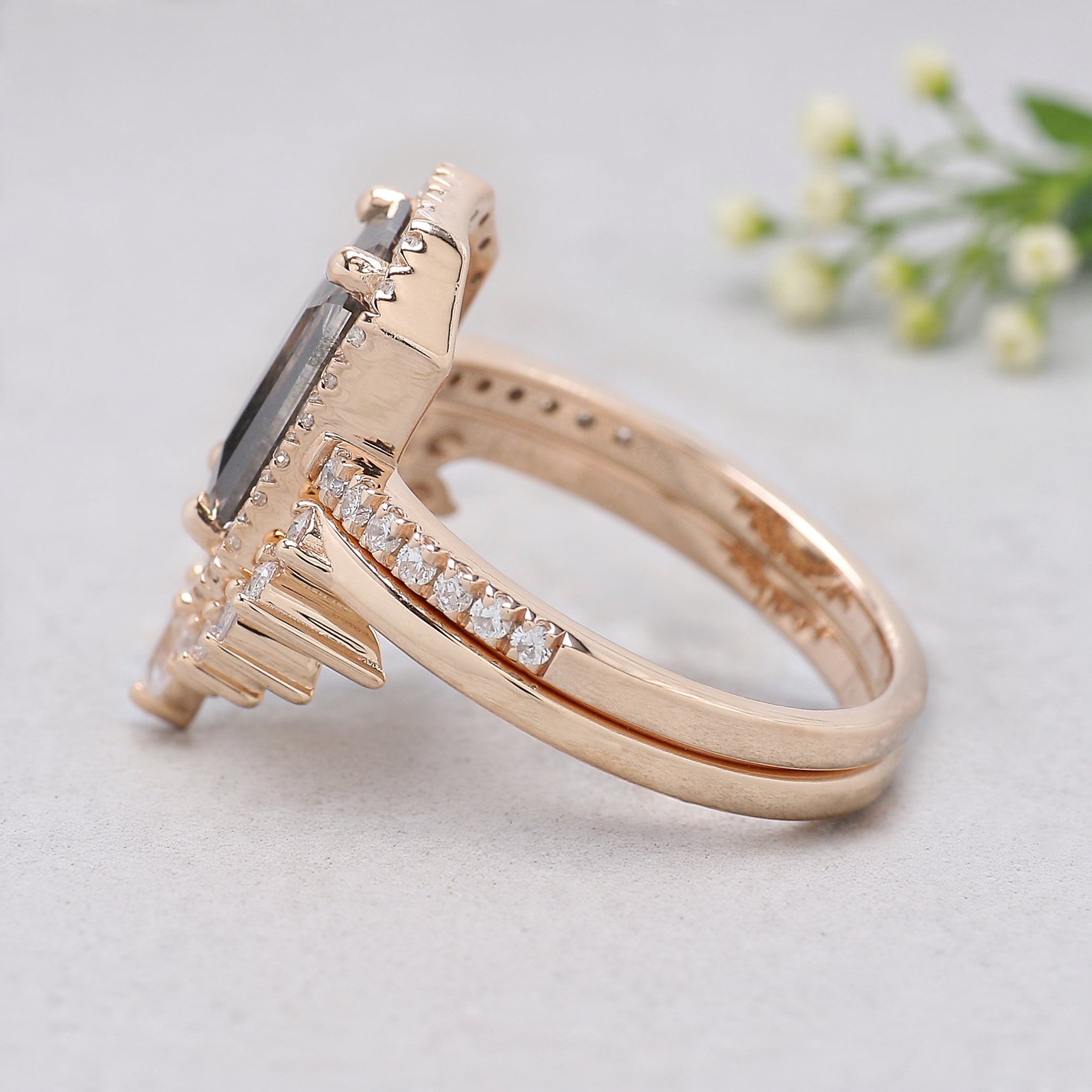 1.70 CT Emerald Lab Grown Diamond Ring Emerald Fancy Black Grey Salt And Pepper Diamond Ring Engagement Ring Bridal Wedding Ring Set KDL3522