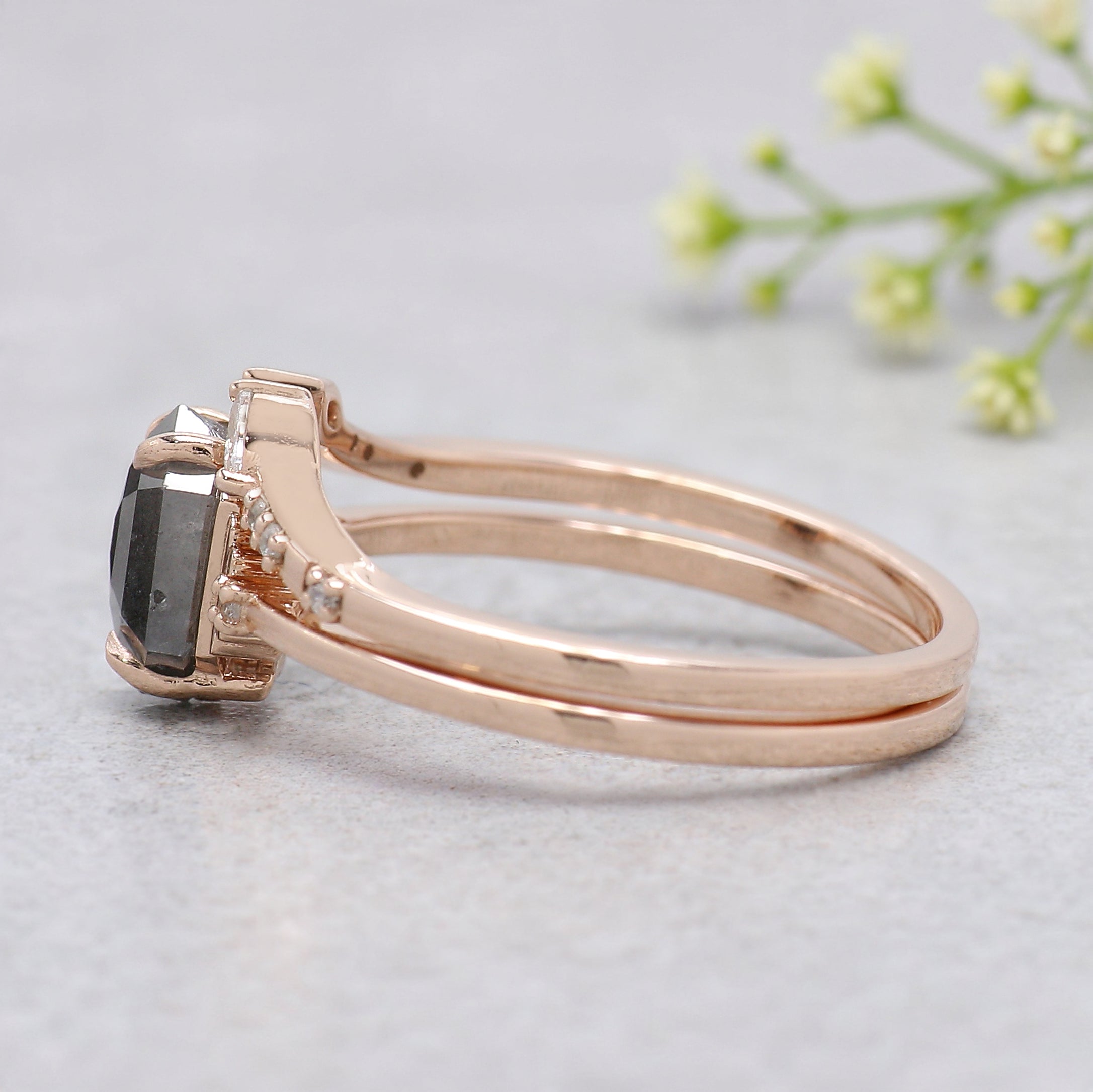 1.06 Ct Natural Hexagon Salt And Pepper Diamond Ring 7.70 MM Hexagon Cut Diamond Ring 14K Solid Rose Gold Silver Engagement Ring Set KDN7118